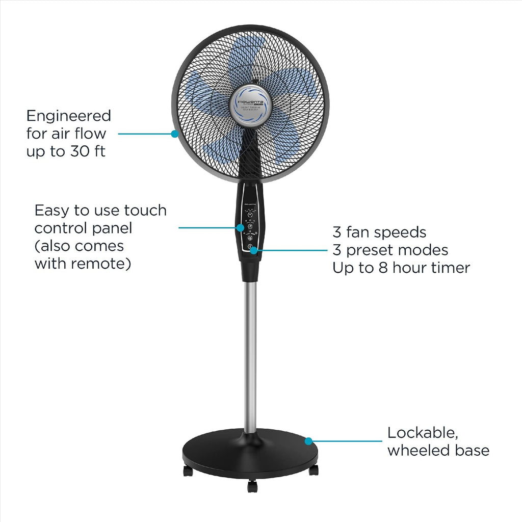 Rowenta, Pedestal Fan, Extreme Outdoor Fan with Remote, 65 Inches, Ultra Quiet Fan, Oscillating, Portable, 3 Speeds, Digital Control, Black, Ourdoor, VU4510