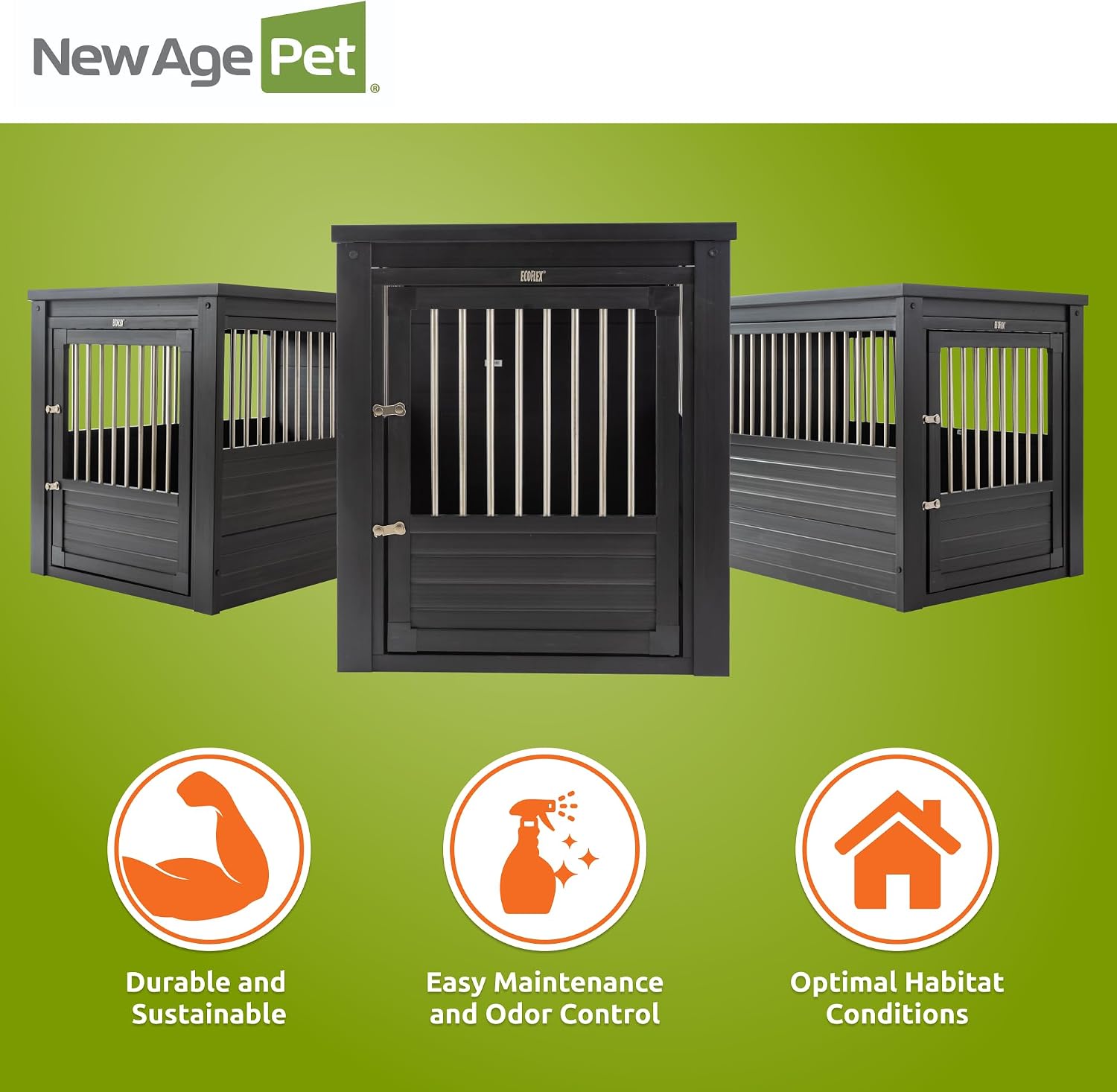New Age Pet ECOFLEX InnPlace Dog Crate & End Table, Furniture-Style Indoor Kennel for Crate-Trained Dogs, Stainless Steel Spindles, 10-Year Warranty. 4 Colors, 4 Sizes