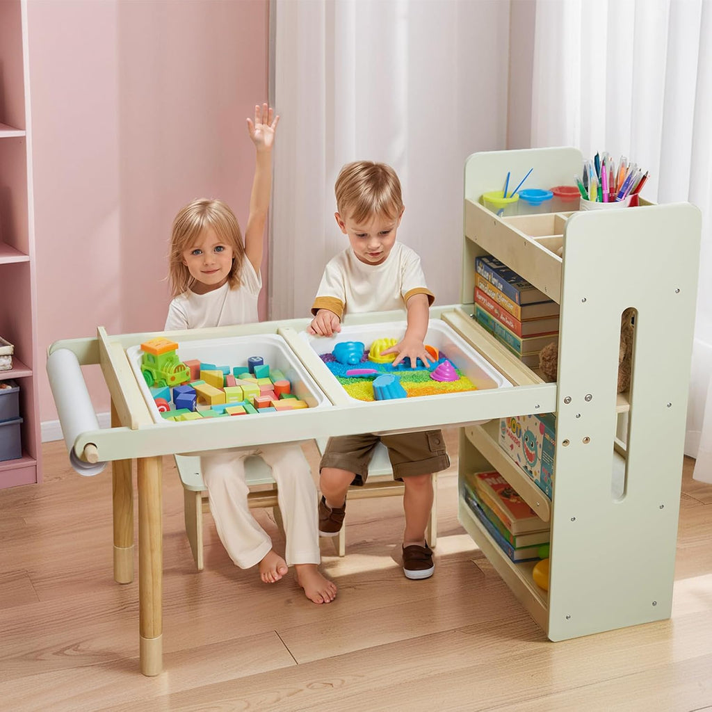 Kids Sensory Table and Chairs Set, Toddlers Activity Table with Large Storage Bins & Shelves, 6 in 1 Kids Art Desk with Blackboard Whiteboard for Playrooms Daycare,Sand & Water Table for Toddler Gifts