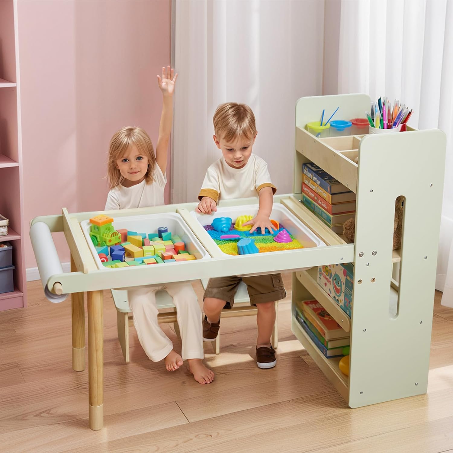 Kids Sensory Table and Chairs Set, Toddlers Activity Table with Large Storage Bins & Shelves, 6 in 1 Kids Art Desk with Blackboard Whiteboard for Playrooms Daycare,Sand & Water Table for Toddler Gifts