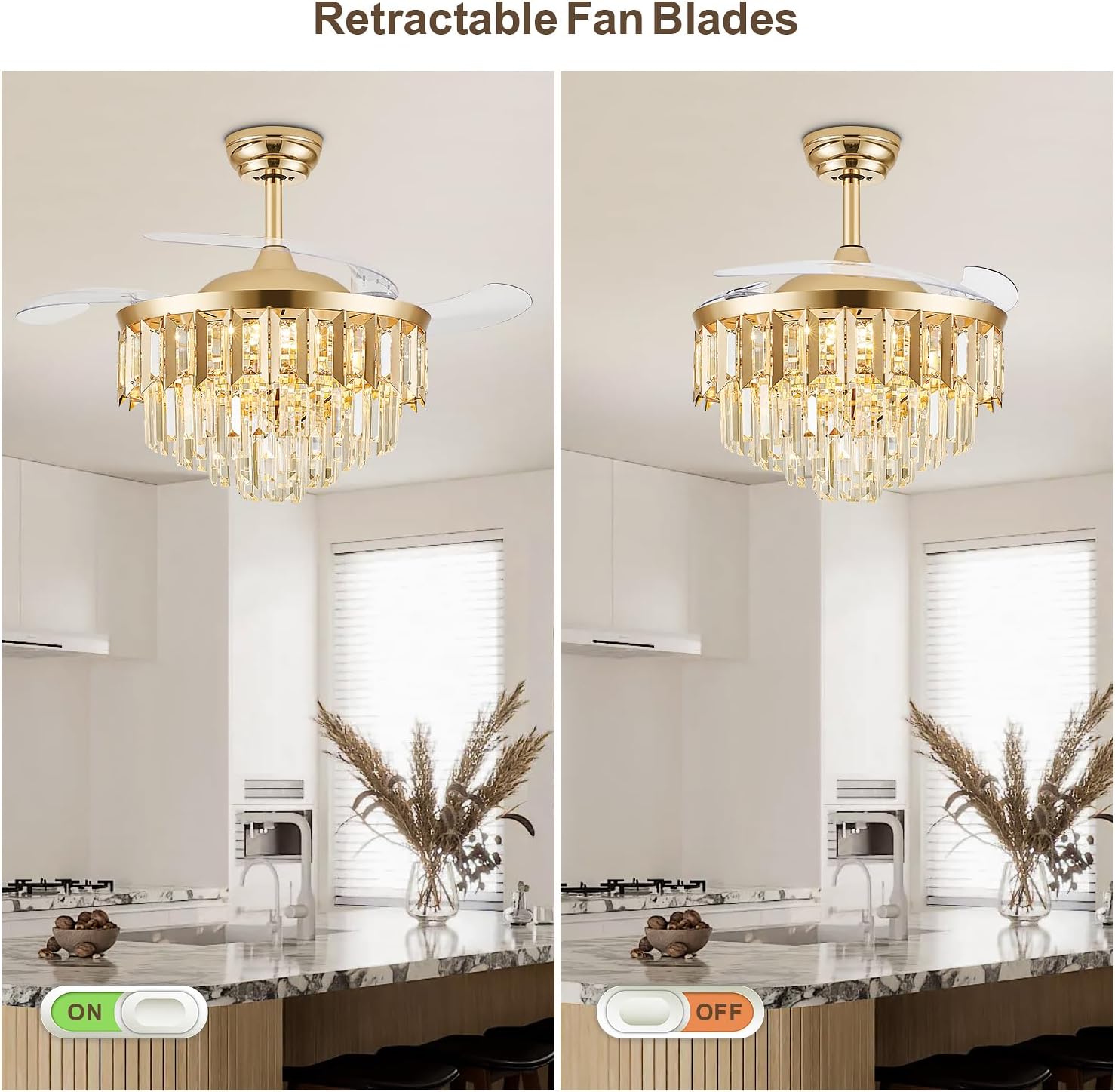 TXCSLY 42' Fandelier Ceiling Fan with Light, Crystal Chandelier Fan with Retractable Blades Dimmable Crystal Ceiling Fan Chandelier for Bedroom Living Room Dining Room-Gold