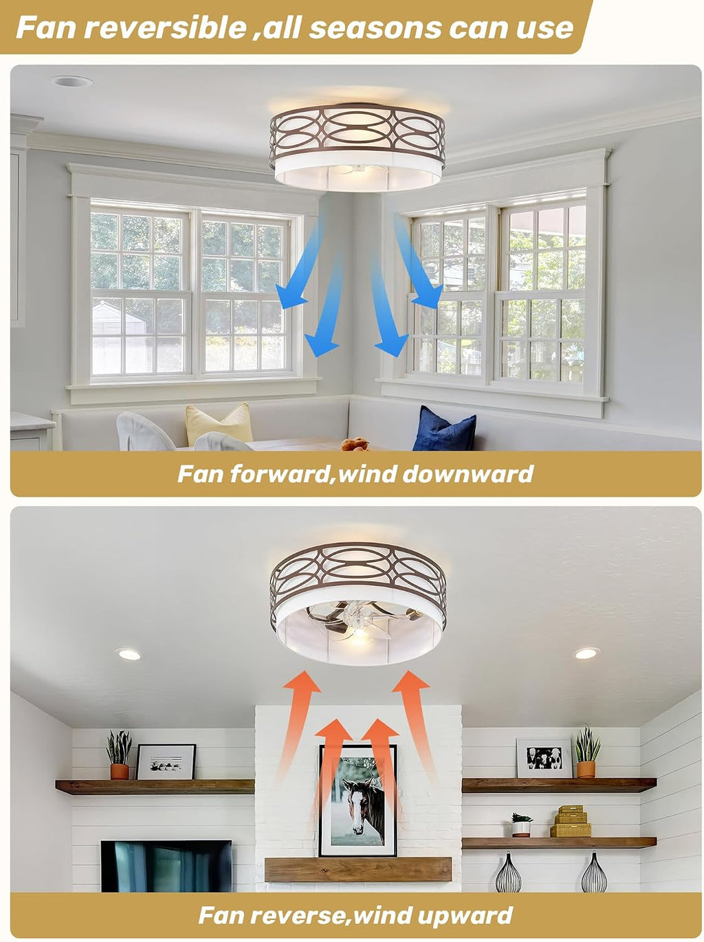 20' Brown Flush Mount Ceiling Fan with Light, Caged Boho Ceiling Fan with Lights Remote Control with 6 Speeds for Bedroom, Living Room, Nursery