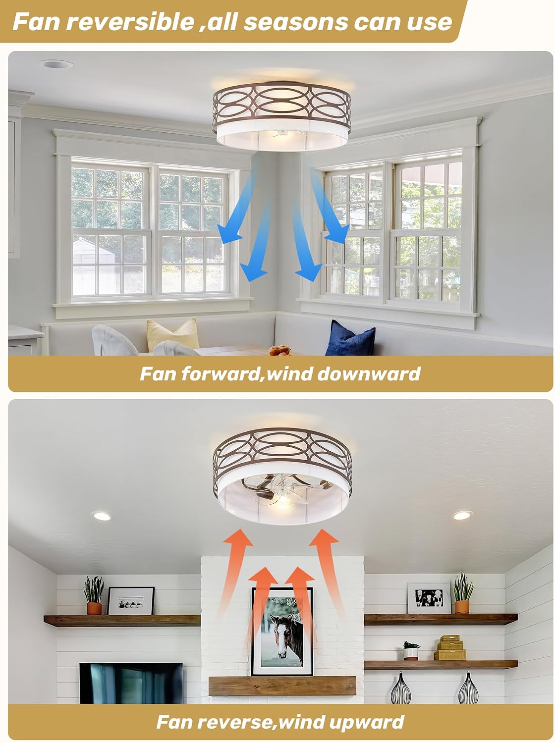 20' Brown Flush Mount Ceiling Fan with Light, Caged Boho Ceiling Fan with Lights Remote Control with 6 Speeds for Bedroom, Living Room, Nursery