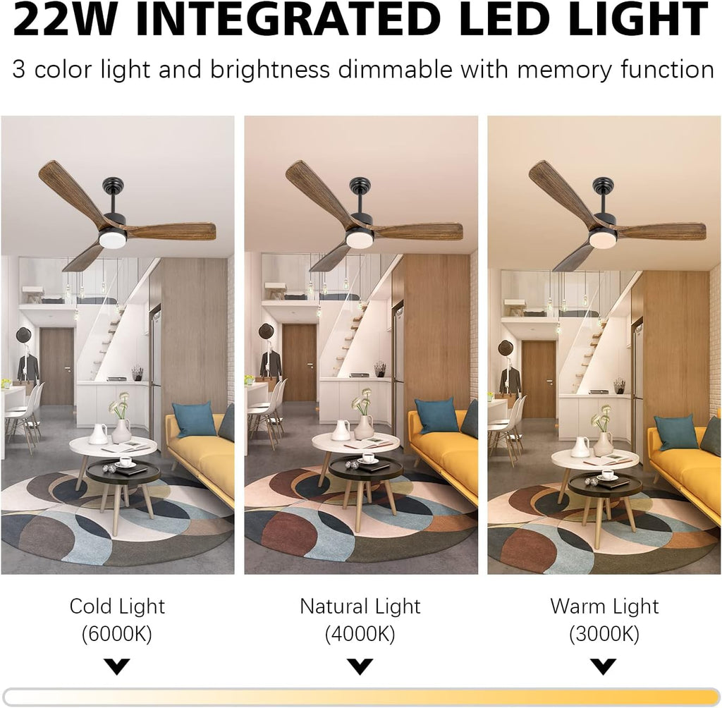 52 inch Wood Ceiling Fans with Lights and Remote, Modern Ceiling Fan with Light, 3 Color Light, 6 Speed, DC Motor, for Bedroom/Outdoor/Farmhouse/Patios, Walnut Black