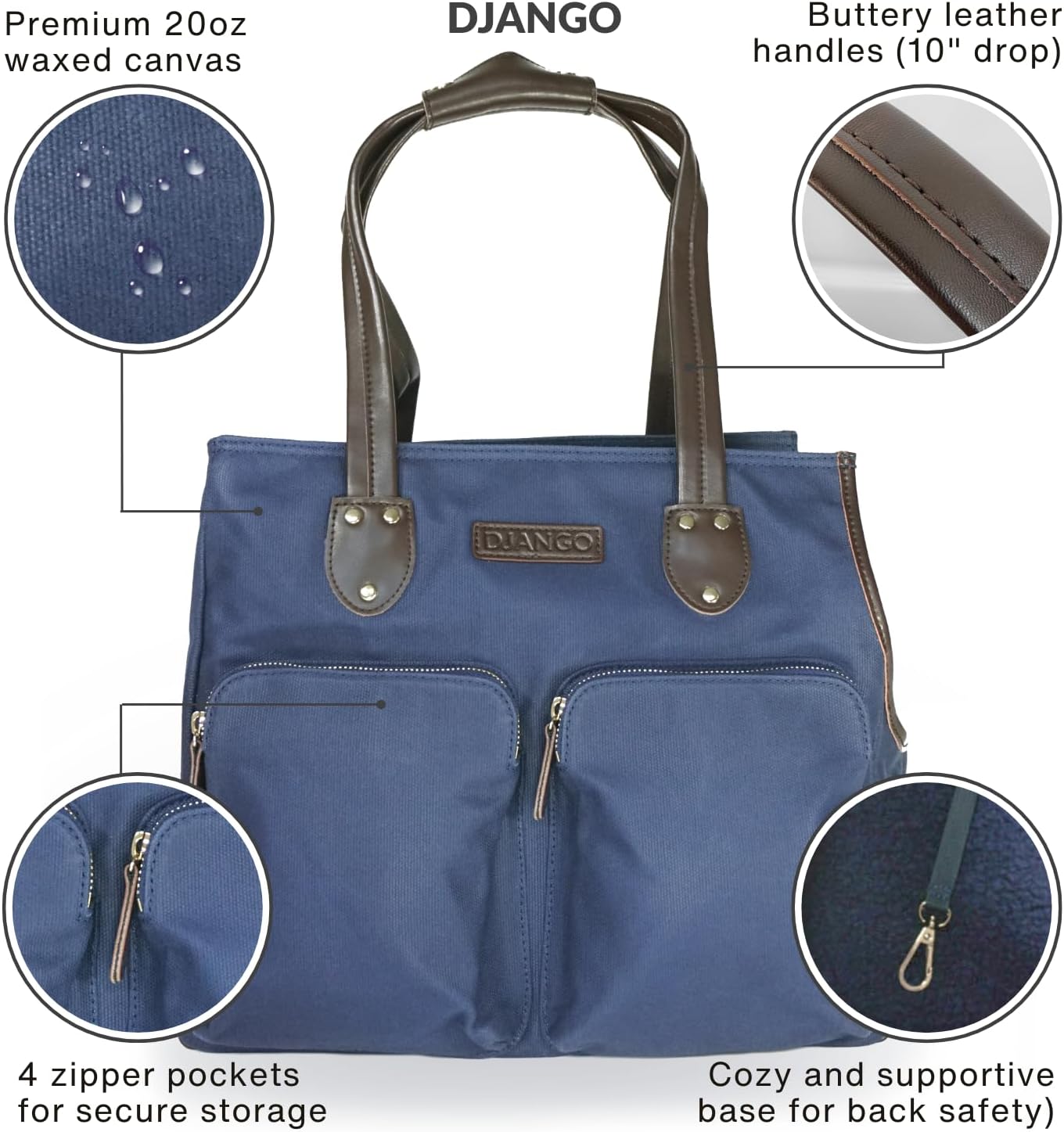 DJANGO Waxed Canvas & Leather Dog Carrier Tote Bag – Premium Soft-Sided Travel Dog Purse with Safety Leash, WR Lining, & Large Zipper Pockets – Everyday Pet Carrier for Small Dogs (Navy Blue, Medium)