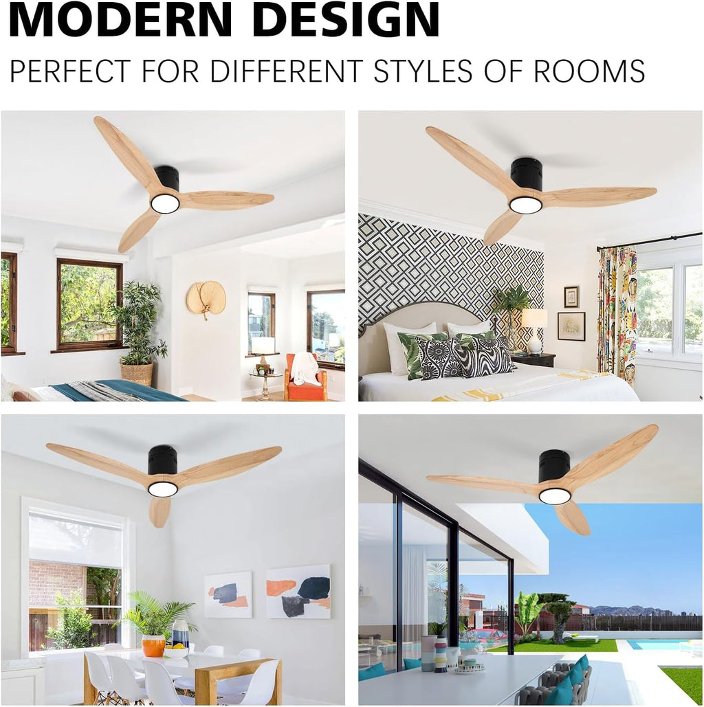 Wood Flush Mount Ceiling Fan with Light,52 inch Low Profile Modern Ceiling Fans for Outdoor/Patios/Bedroom/Office,3 color light,6 Speed,DC Motor,Wood and Modern Matte Black