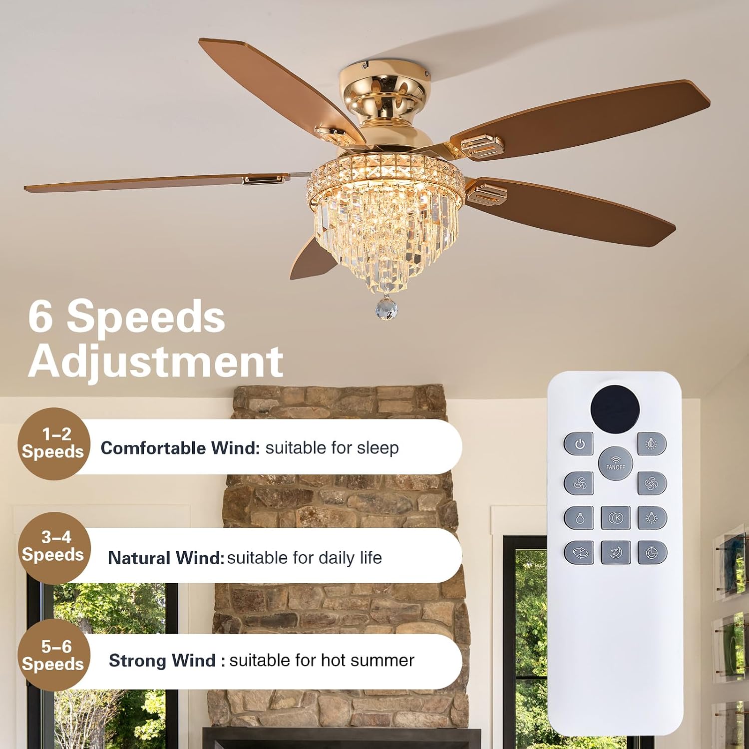 Crystal Ceiling Fan Fandelier with Lights-Ceiling Fans with Lights,54' Low Profile and Remote Control, Flush Mount, Reversible, Dimmable, Noiseless,Gold Ceiling Fan for Bedroom