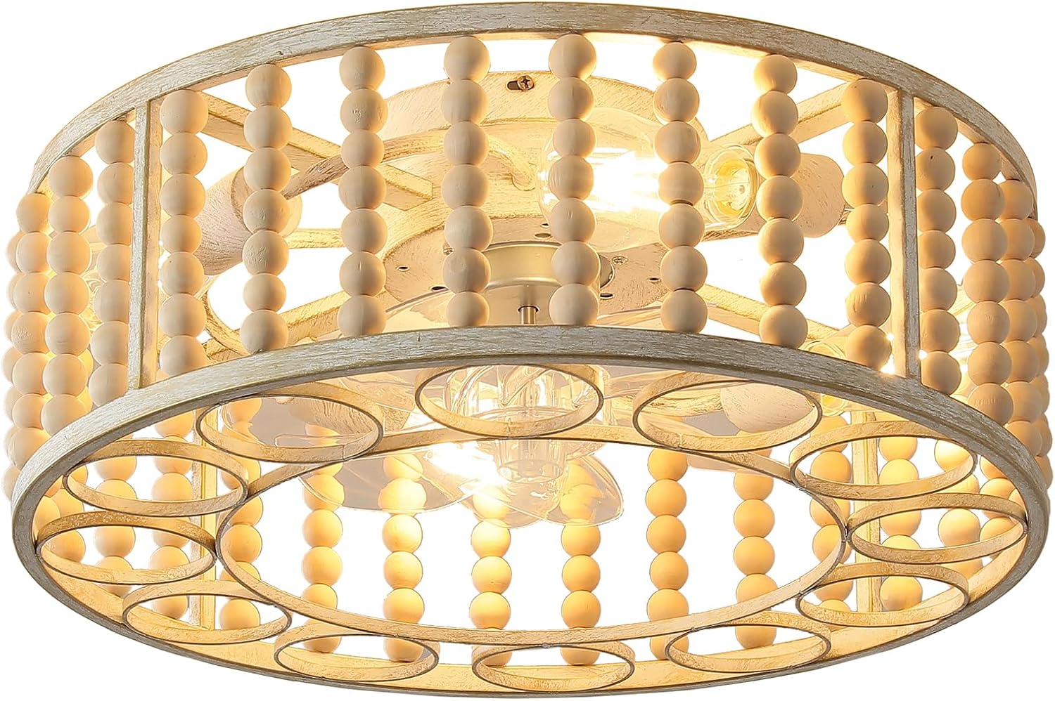 20' Boho Ceiling Fan with Light: Wood Beaded Caged Ceiling Fans with Lights Flush Mount,Remote and Reversible 6 Speeds Fandelier for Bedroom, Kitchen, Living Room,E26 Base No Bulb.