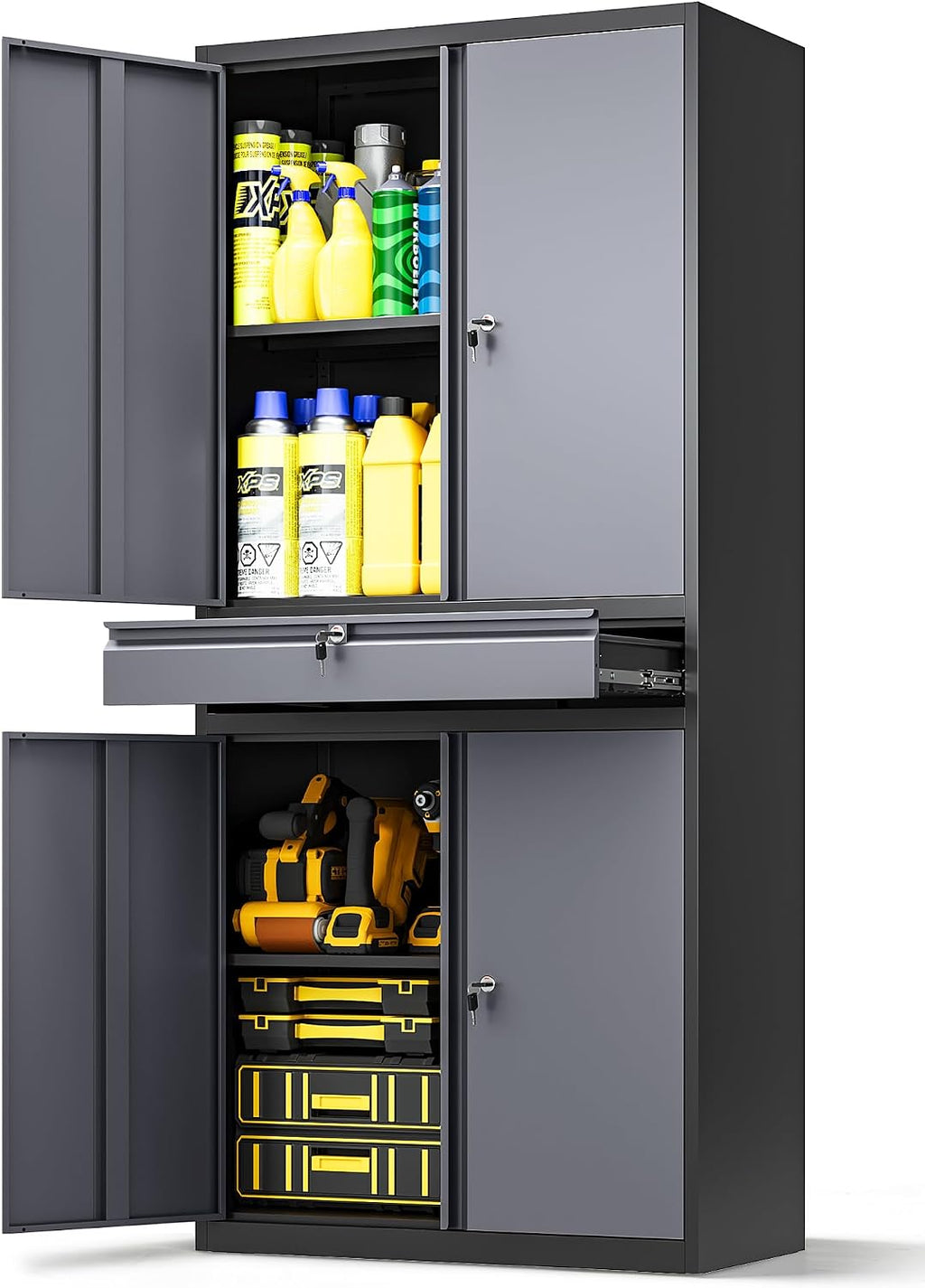 Metal Storage Cabinet with Drawer, Garage Storage Cabinet with Locking Doors and Adjustable Shelves for Garage, Home Office,Warehouse