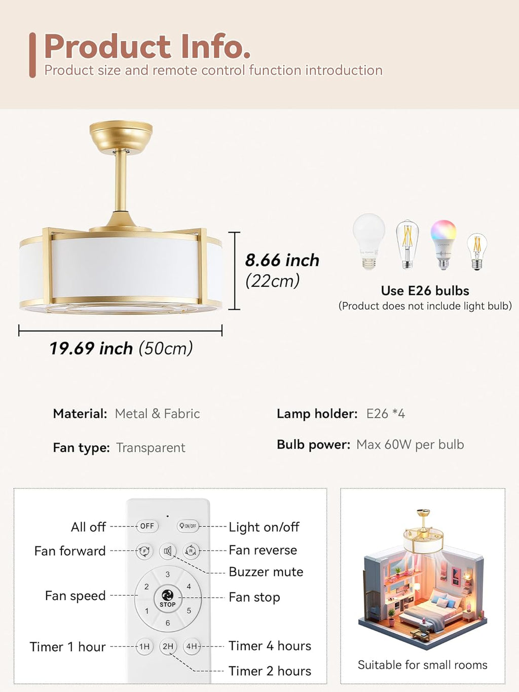 20' Gold Fandelier Ceiling Fans with Lights, Boho Rattan Ceiling Fan with Light Remote Control, Caged Mid-Century Modern with 6 Speeds for Bedroom, Nursery, Living Room