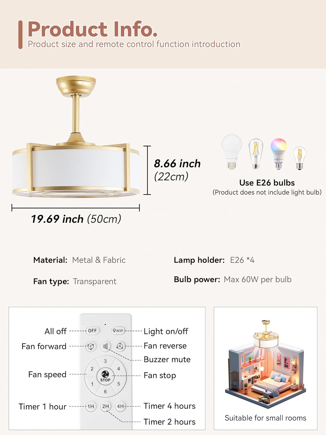 20' Gold Fandelier Ceiling Fans with Lights, Boho Rattan Ceiling Fan with Light Remote Control, Caged Mid-Century Modern with 6 Speeds for Bedroom, Nursery, Living Room