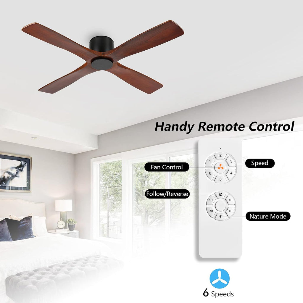 WINGBO 54 Inch Flush Mount DC Ceiling Fan without Lights, 4 Reversible Carved Wood Blades, 6-Speed Noiseless DC Motor, Hugger Ceiling Fan No Lights in Matte Black Finish with Walnut Blades, ETL Listed