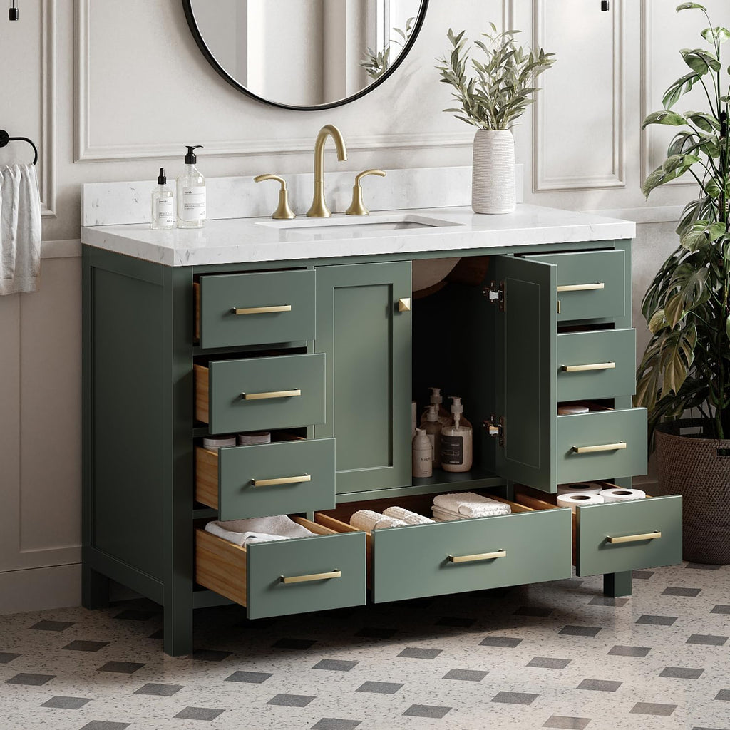 ARIEL Cambridge 48-inch Bathroom Vanity with Sink,Solid Wood, 1.5-inch Carrara White Quartz Countertop, Single Rectangular Porcelain Sink, 2 Soft Closing Doors, 9 Dovetail Drawers, Vintage Green