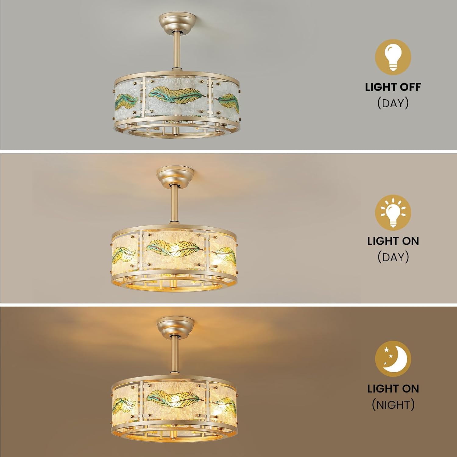 AIJIASI Gold Fandelier Ceiling Fans with Lights, 20' Caged Ceiling Fan with Light and Remote Control, Chandelier Ceiling Fan Low Profile with 6 Speeds for Bedroom, Living Room, Nursery