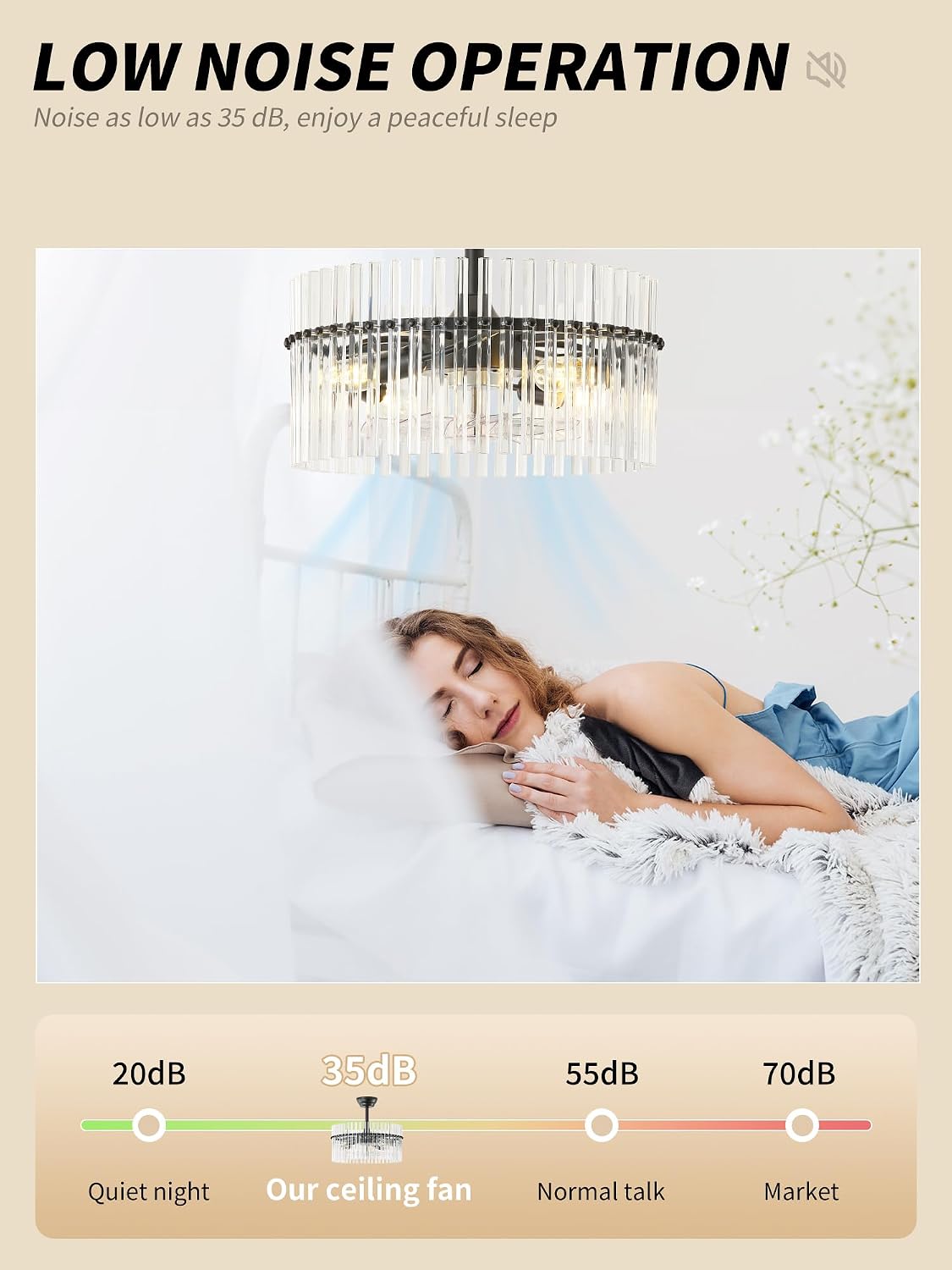 SYDACG 20' Black and Clear Crystal Fandelier Ceiling Fan with Light, Mid-Century Chandelier Ceiling Fan with Light Remote Control, 6 Speeds for Bedroom, Nursery, Living Room