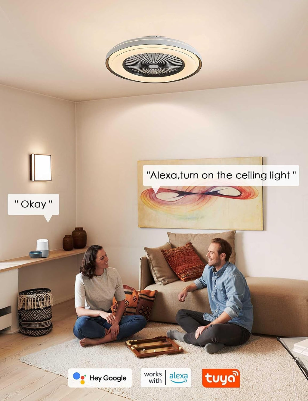 Dawn Whisper 24' Low Profile Ceiling Fans with Lights Quiet DC Motor 6 Speeds Timer Flush Mount Enlosed LED Modern Smart RGB Ceiling Fans with Alexa/Tuya APP Remote Control for Kids Bedroom Black