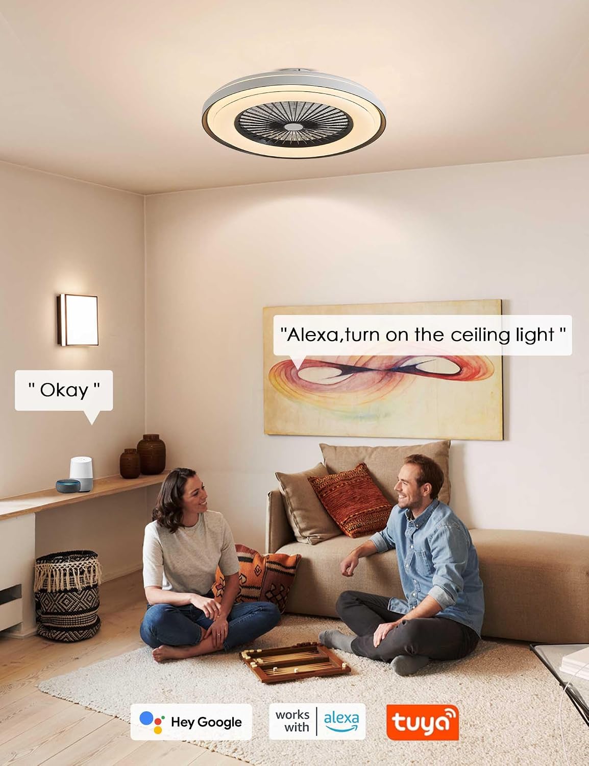 Dawn Whisper 24' Low Profile Ceiling Fans with Lights Quiet DC Motor 6 Speeds Timer Flush Mount Enlosed LED Modern Smart RGB Ceiling Fans with Alexa/Tuya APP Remote Control for Kids Bedroom Black