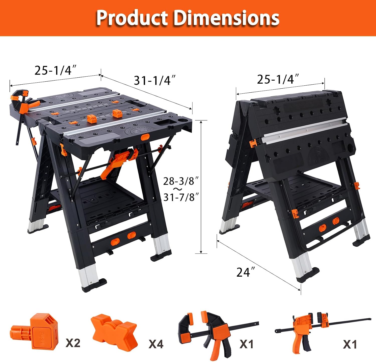 2-in-1 Folding Work Table & Sawhorse, Portable Workbench for Garage with Adjustable Height, Heavy-Duty Load Capacity (500 lbs Table/1000 lbs Sawhorse), Includes 2 Clamps, Gifts for Woodworking