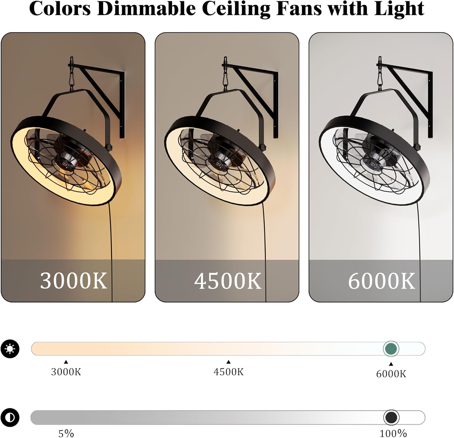 20' Wall Mount Fan with Light | Plug in - 3CCT Dimmable LED, 6-Speed, Smart Remote & APP Control, Ceiling & Wall Mount，Indoor & Outdoor for Patio, Garage, Living Room, Workshop（Metal Frame）