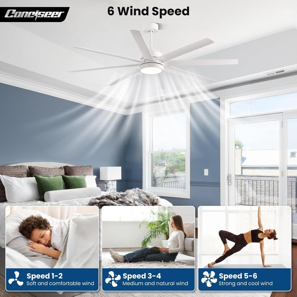 Modern Ceiling Fans with Lights, 65 Inch Ceiling Fan with Light and Remote for Bedroom Living Room Kitchen Office, Indoor/Outdoor Use, 24W 3CCT 8 Blades 6 Speed Reversible Quiet DC Motor, White