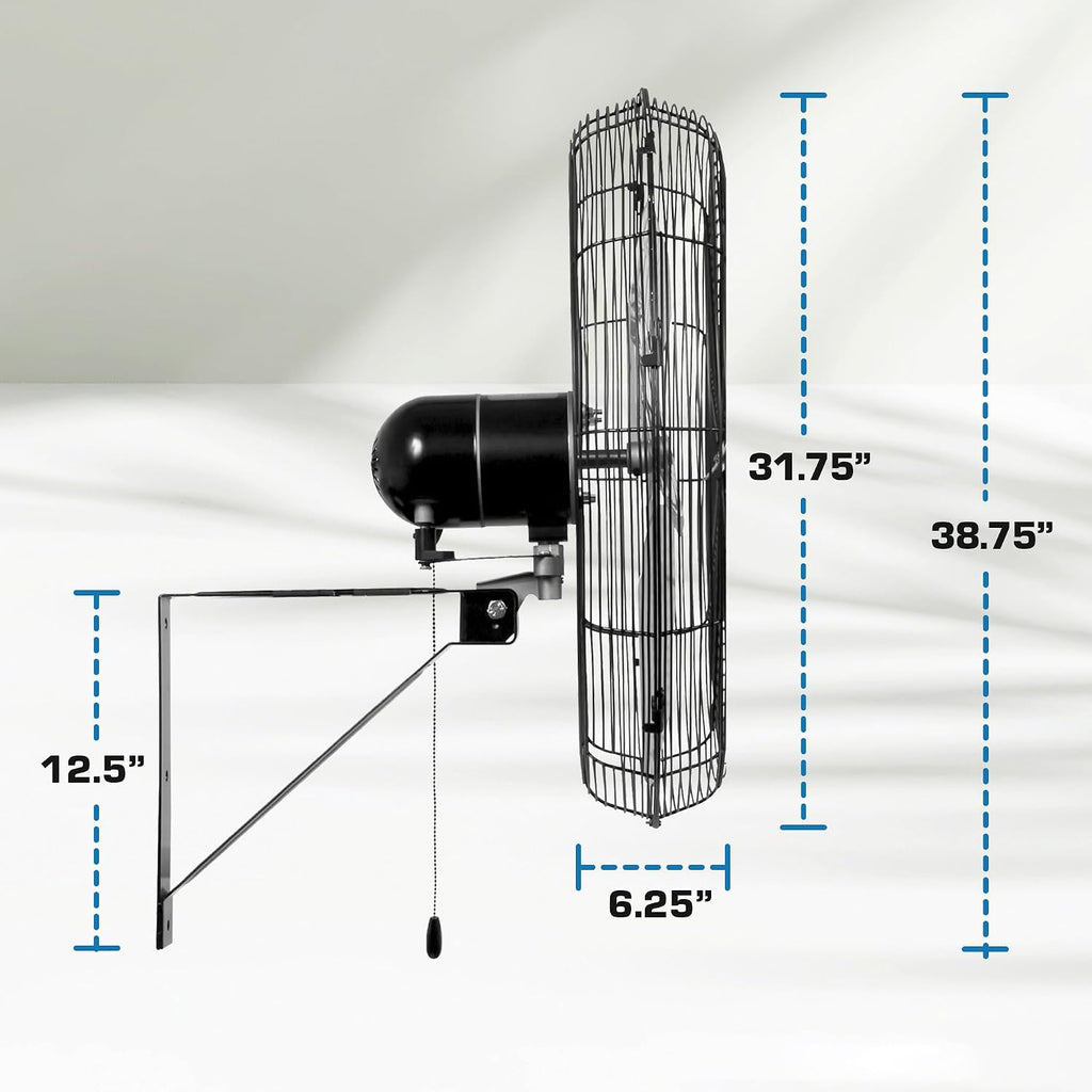 Hurricane 30' Pro Commercial Grade Oscillating Wall Mount Fan, Black - Heavy-Duty All-Metal Corded Electric Air Cooling Unit for Home, Garage, Greenhouse, or Workshop
