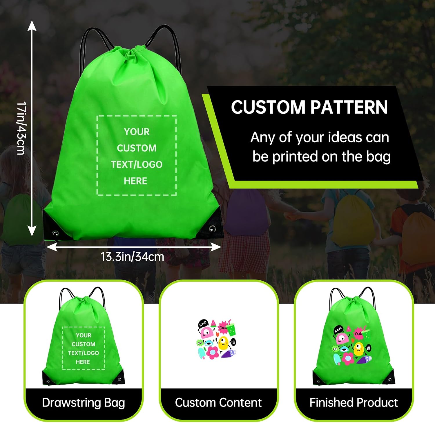 JEOHLORY pack of 100 Custom Bags With Your Logo,customized backpack,promotional items,Drawstring Backpacks,Great for Everyday Use (Custom Green)