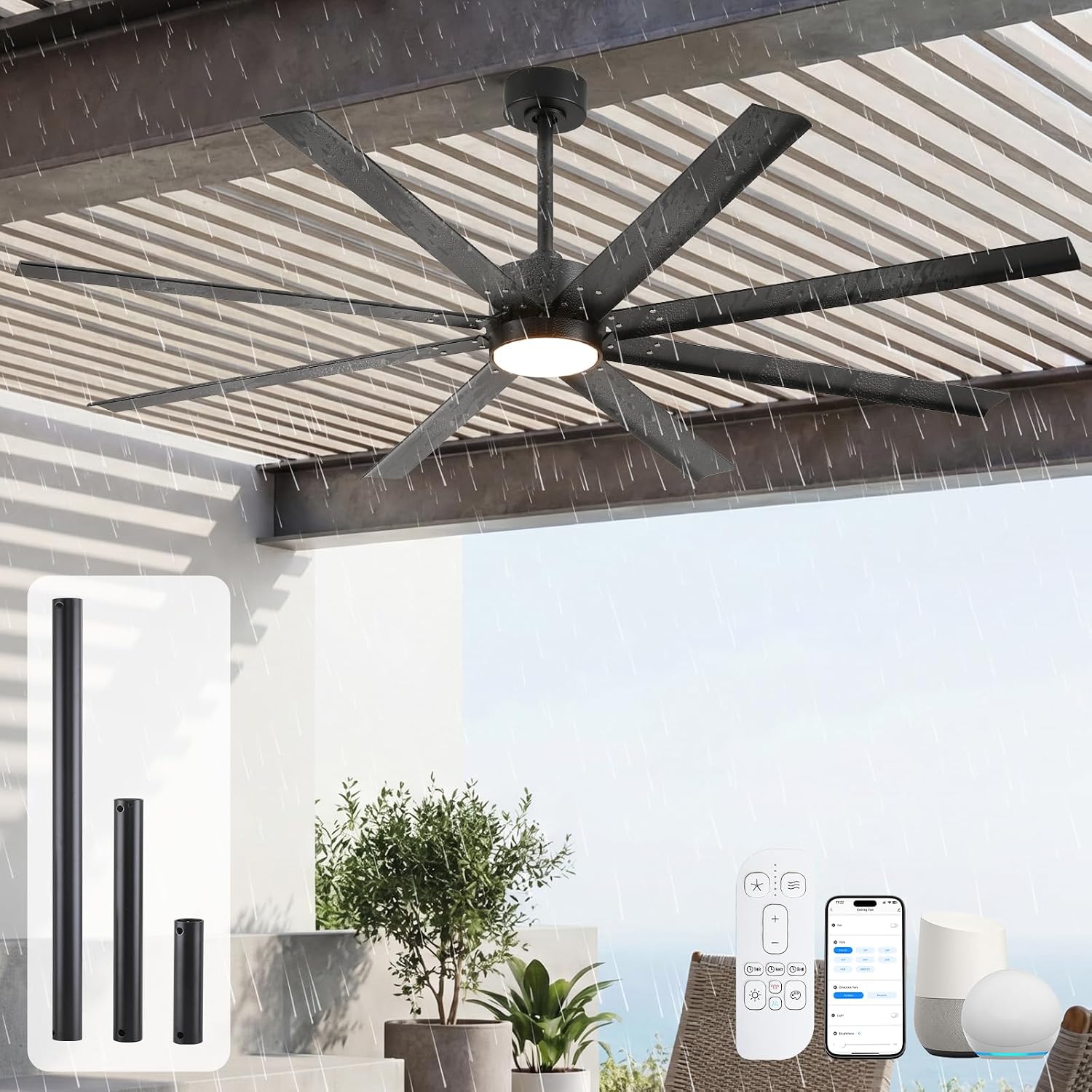 65 Inch Smart Outdoor Ceiling Fan with Light, Waterproof All Weather Wet Rated, Alexa/App/Remote Control, 8 Aluminum Blades, High CFM Quiet DC Motor, for Patio Porch Gazebo, Modern Black Industrial