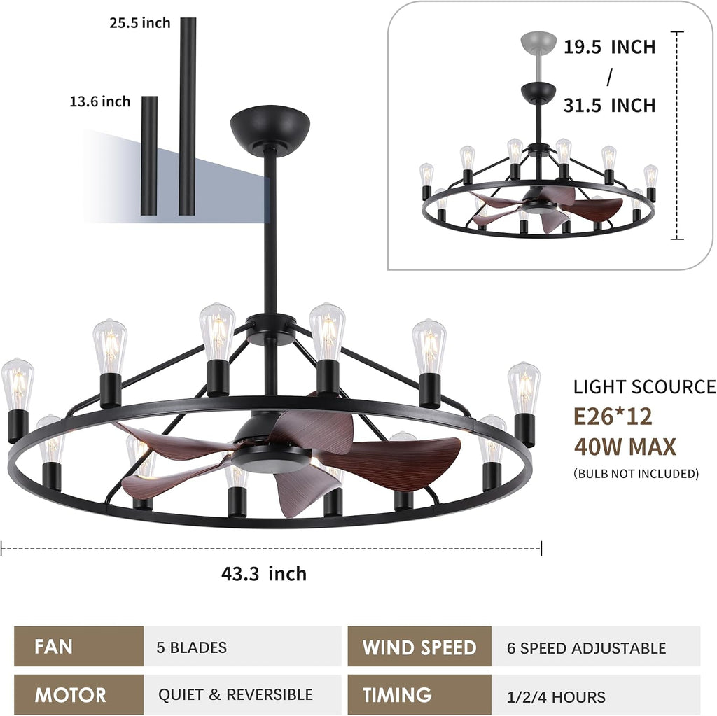 Miuyhji Wheel Ceiling Fan 44 Inches Large,Industrial Ceiling Fans with Lights and Remote,Vintage Chandelier Fans with 12 Candle Lights, Wagon Wheel Chandelier with Fan for Indoor