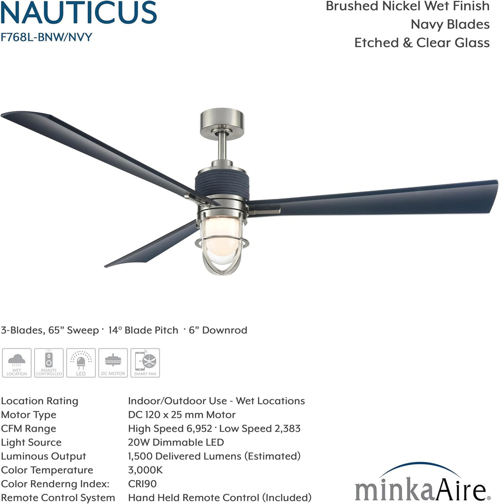 MINKA-AIRE F768L-BNW/NVY Nauticus 65' 3-Blade LED Smart Indoor/Outdoor Ceiling Fan in Brushed Nickel Wet and Navy Blades with Clear Glass