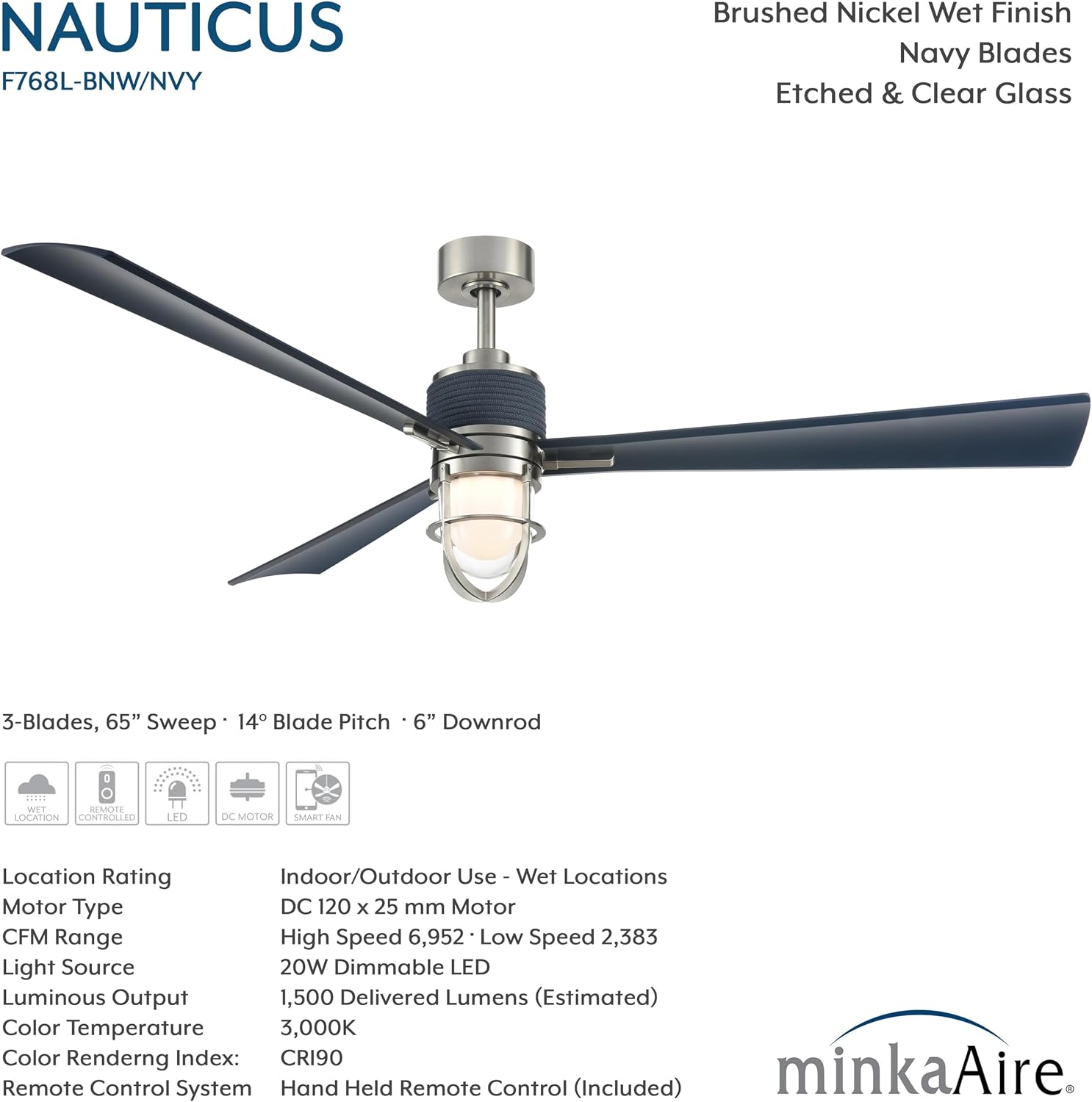 MINKA-AIRE F768L-BNW/NVY Nauticus 65' 3-Blade LED Smart Indoor/Outdoor Ceiling Fan in Brushed Nickel Wet and Navy Blades with Clear Glass