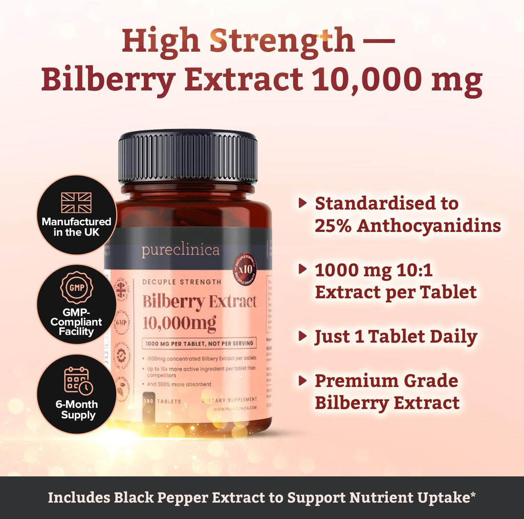 pureclinica Bilberry Extract – 1000mg (10:1) per Tablet – 1080 Tablets (6 x 180) – 36 Month Supply – High Strength