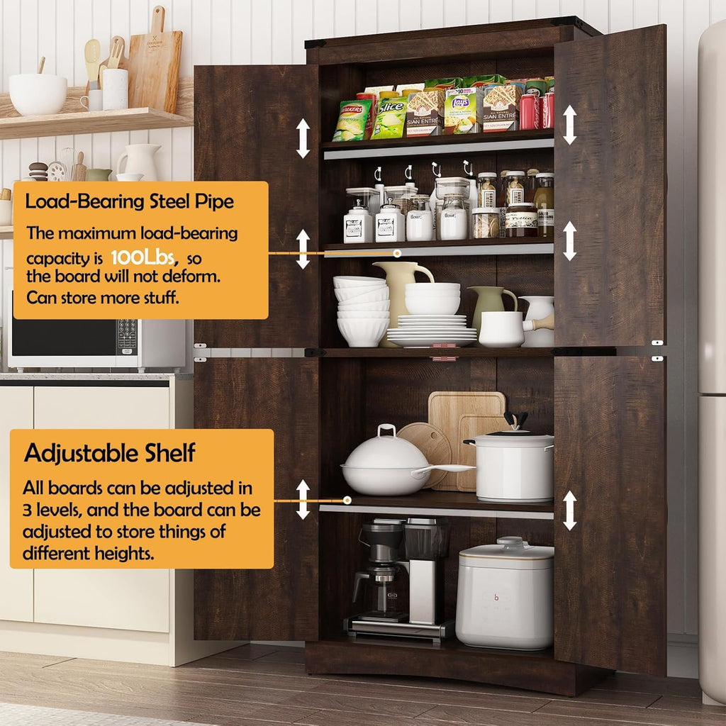 chartustriable 71in Farmhouse Kitchen Pantry Cabinet,Tall Storage Cabinet with 4 Doors and Adjustable shelves,with Load-Bearing Steel Pipe,Wood Storage Cabinets for Kitchen,Dining Room,Bathroom(Brown)