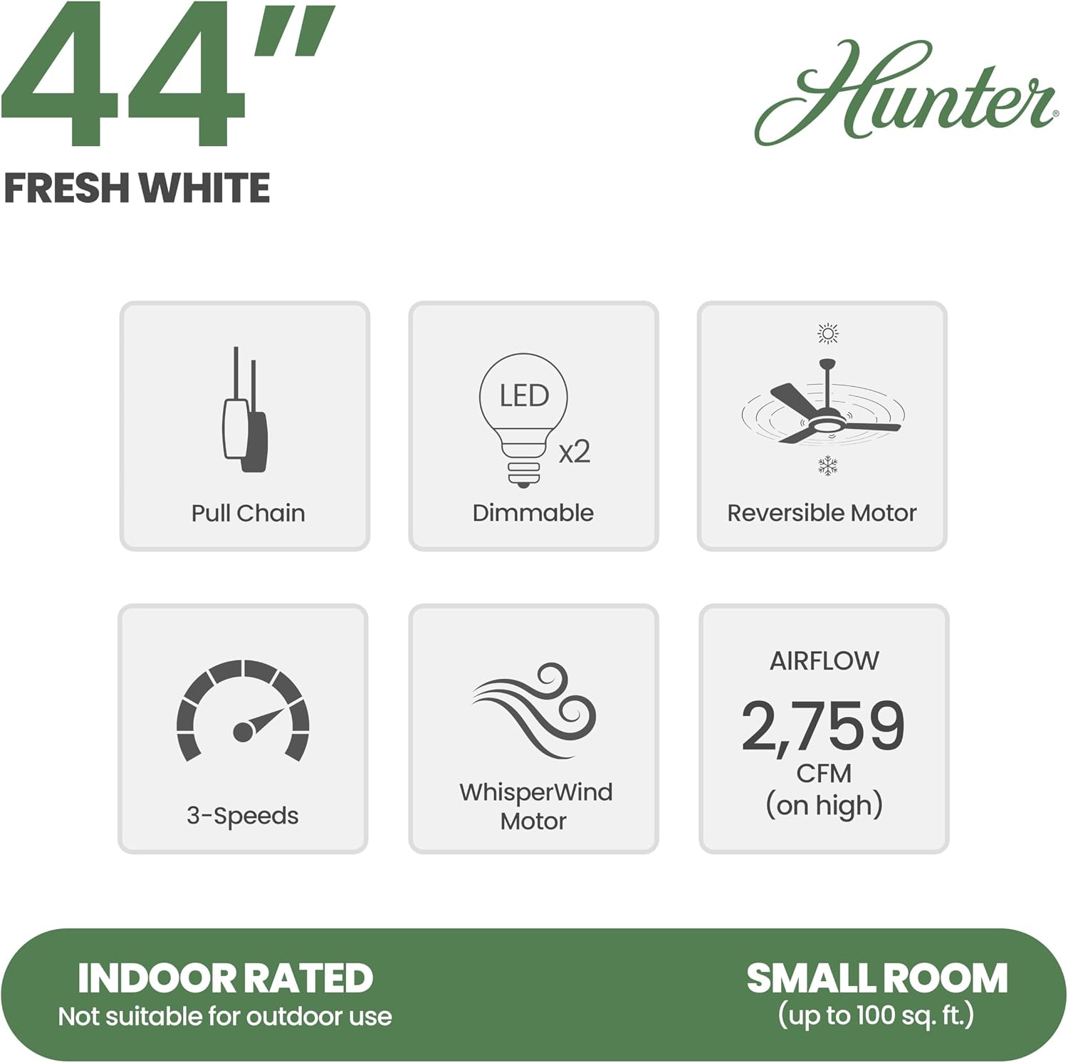 Hunter Fan 44 inch Indoor Ceiling Fan with LED Light, White Ceiling Fan with Pull Chain, For Bedroom,Office, Kitchen, Living Room, 5 Blades (Renewed)