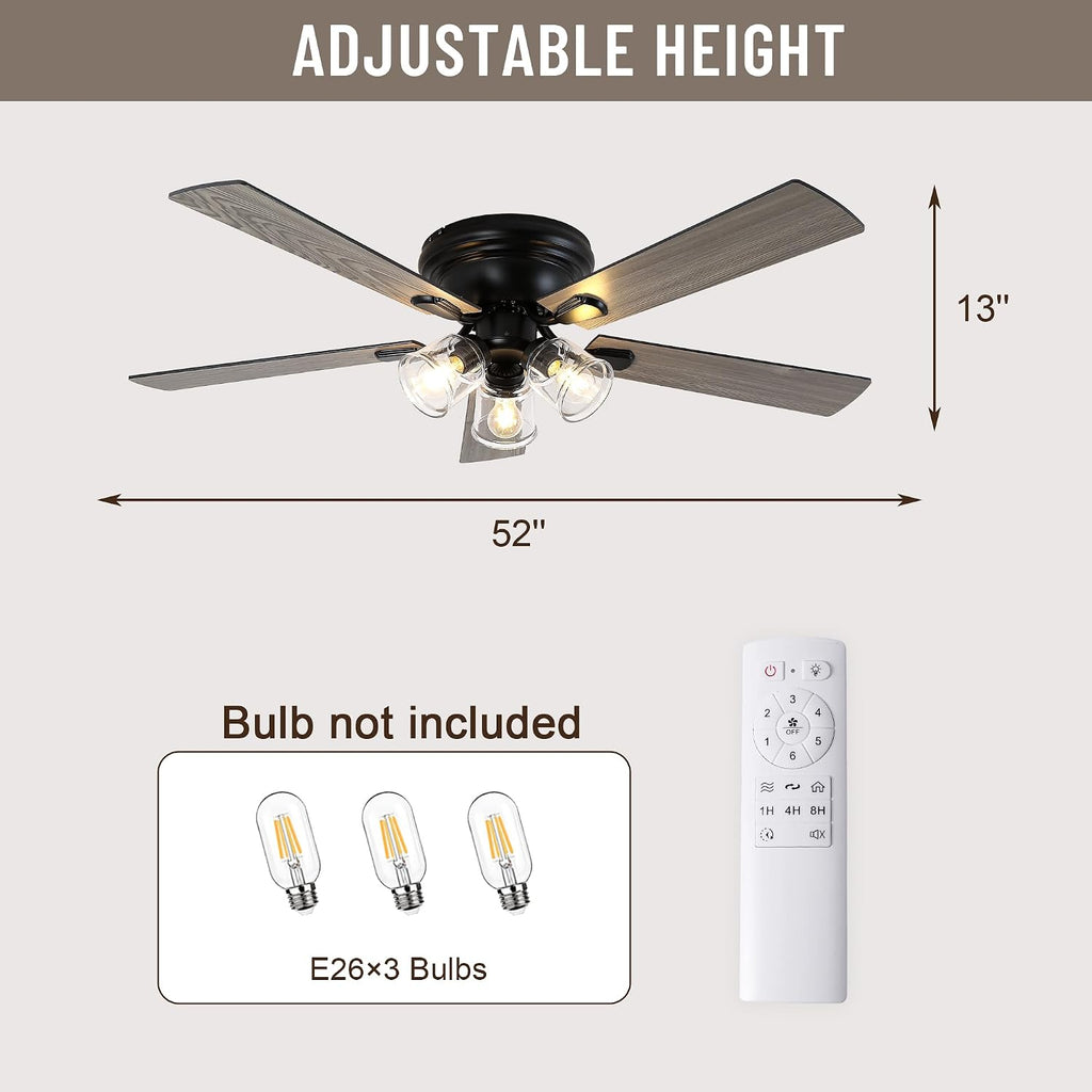 52' Flush Mount Ceiling Fan with Lights and Remote Control,Industrial Farmhouse Ceiling Fan,Reversible Quiet Motor,5 Wood Blades,3 Clear Glass Lights for Bedroom Living Room Kitchen