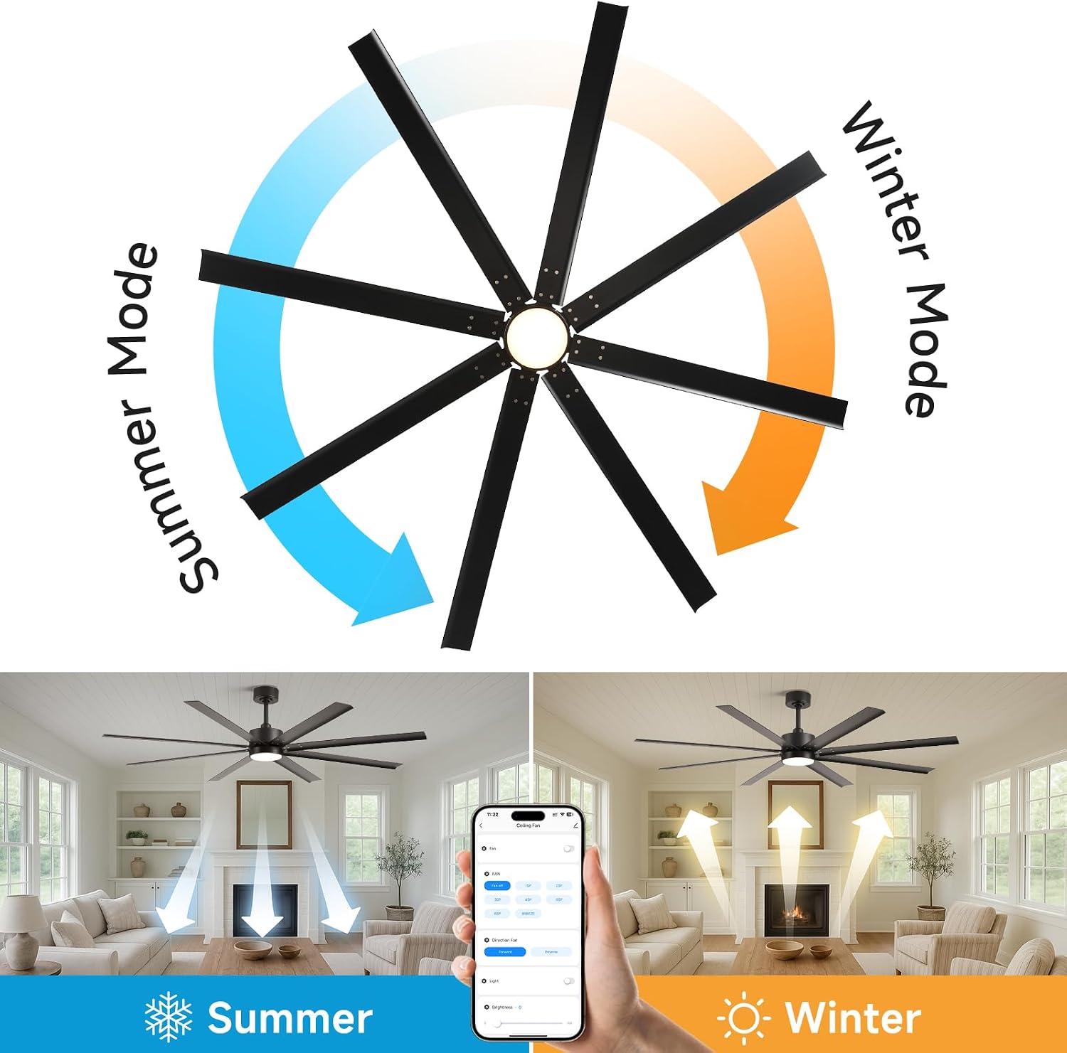 56 Inch Waterproof Outdoor Ceiling Fan with Light, All Weather Wet Rated Smart Fan with Alexa/App/Remote Control, 8 Modern Black Aluminum Blades, High CFM Quiet DC Motor, for Exterior Patio Porch
