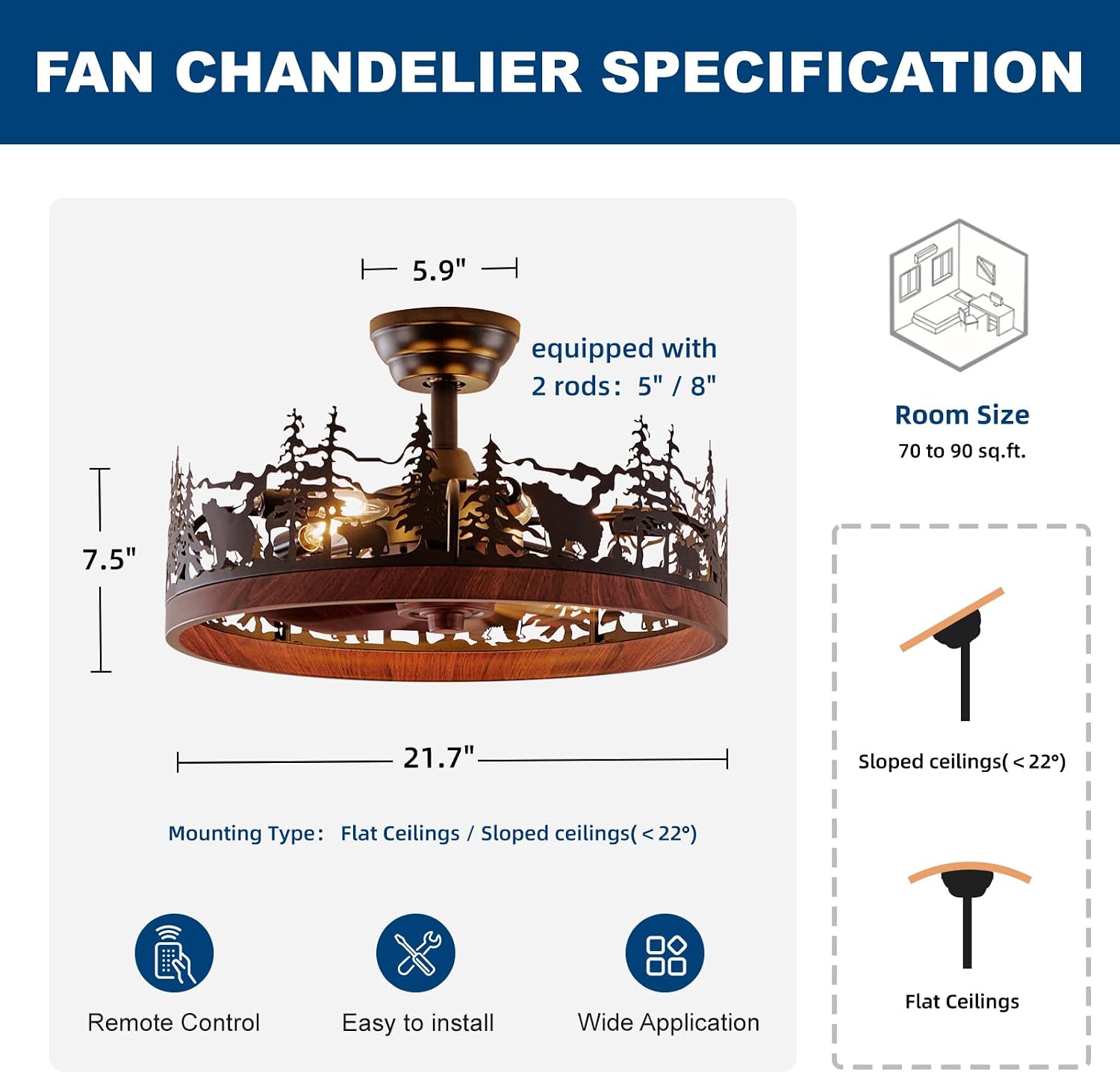 Farmhouse Rustic Ceiling Fan with Light and Remote, 21.7' Flush Mount Enclosed Bladeless Black Chandelier Fan with Forest and Bear, Reversible Fandelier Ceiling Fan for Living Room Bedroom
