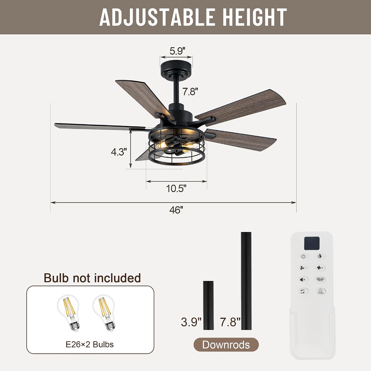 46' Farmhouse Caged Ceiling Fan with Light and Remote, Reversible DC Motor, 5 Double Finish Wood Blades, Rustic Retro Chandelier Ceilng Fan with Light for Living Room Dining Room Bedroom