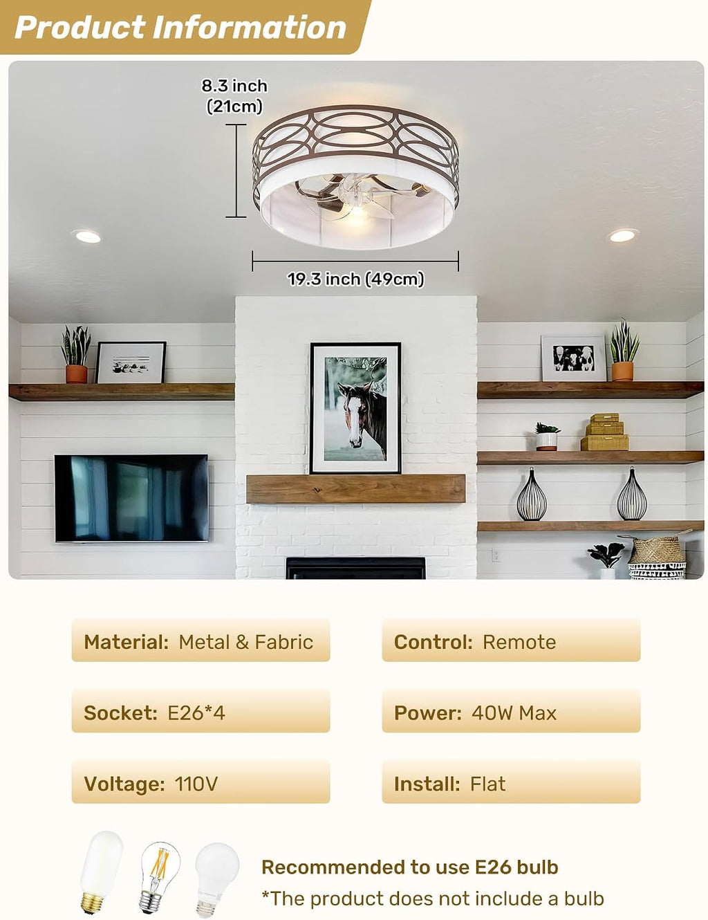 20' Brown Flush Mount Ceiling Fan with Light, Caged Boho Ceiling Fan with Lights Remote Control with 6 Speeds for Bedroom, Living Room, Nursery