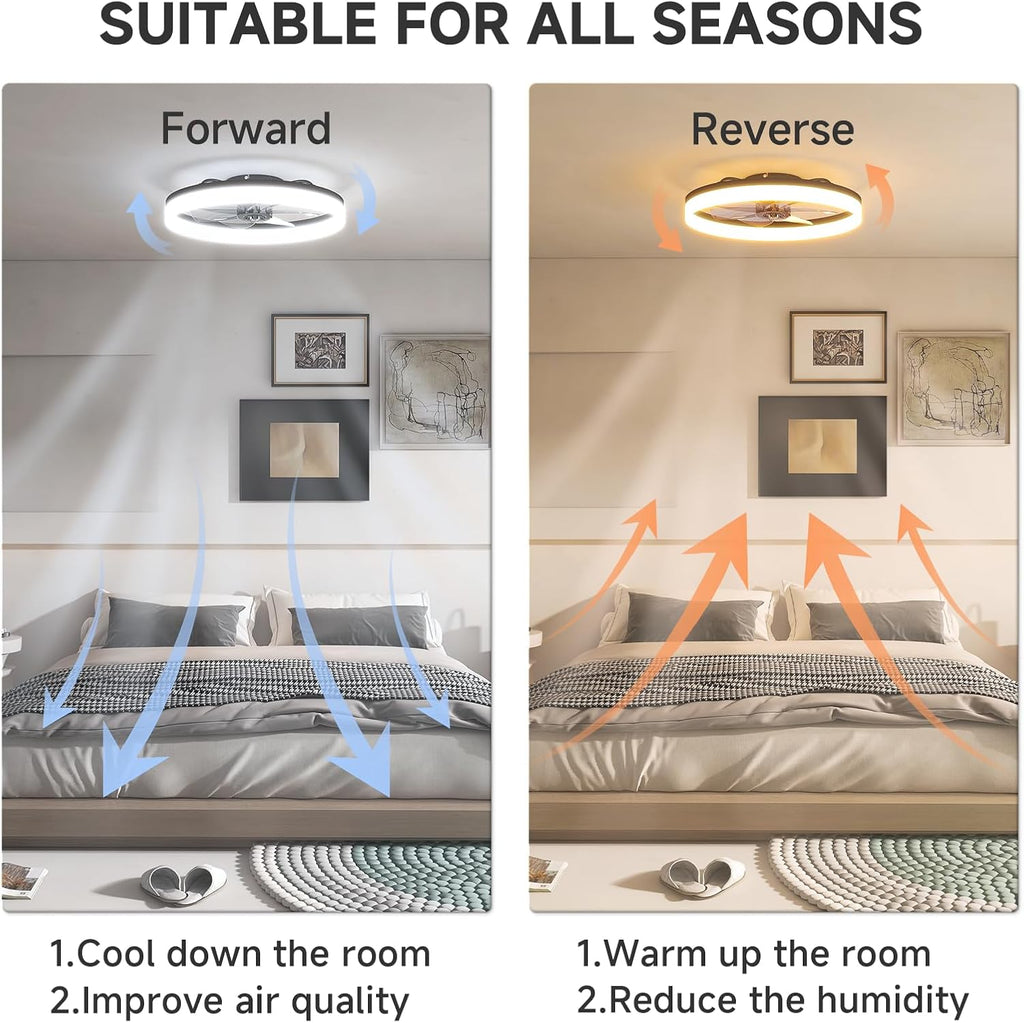 VOLISUN Low Profile Ceiling Fans with Lights and Remote, 23.6in Fandelier Ceiling Fan with Light, 3000K-6500K Dimmable Bladeless LED Fan Light, Black Flush Mount Ceiling Fans with Lights for Bedroom