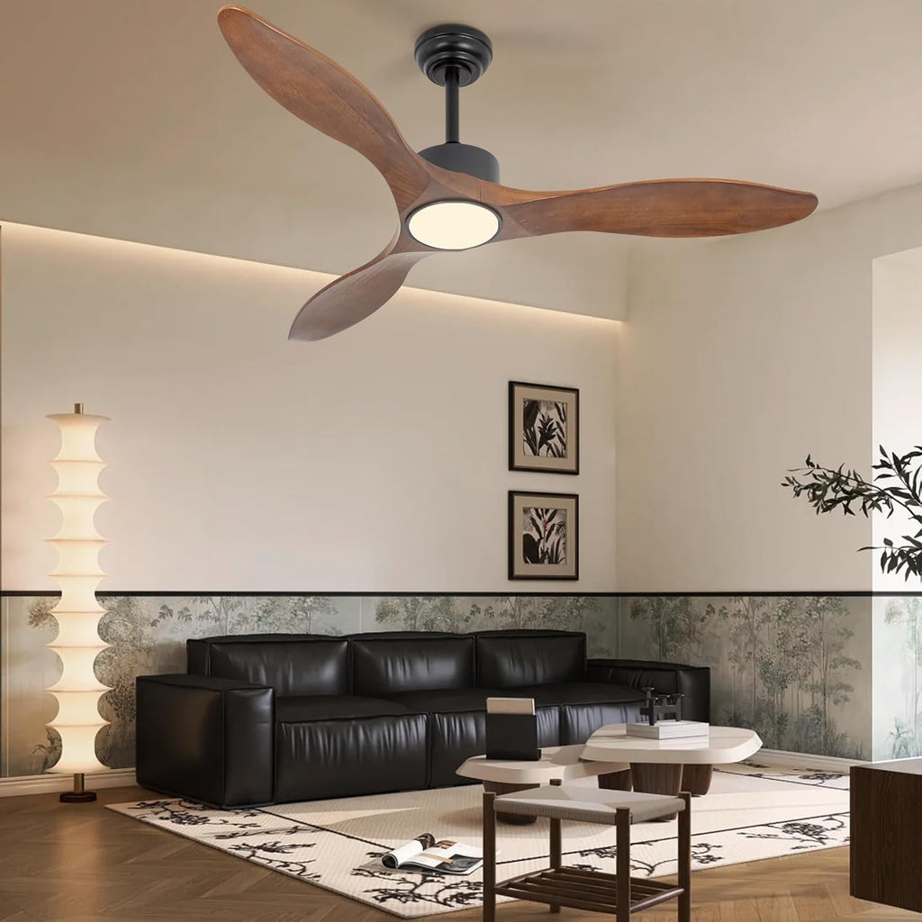 52 Inch Brown Wood Ceiling Fan with Light and Remote, 6 Speed and Reversible DC Motor, 3 Blade Low Profile Flush Mount Mordern Wood Ceiling Fans for Living Room Bedroom Outdoor Patio