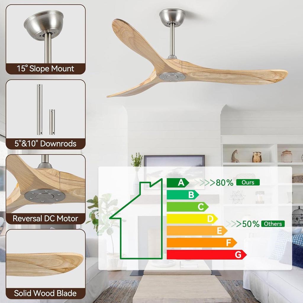 52 Inch Ceiling Fan with Remote Control, Solid Wood, 6-Speed DC Motor, 3 Reversible Natural Wooden Blades, 1/4/8 Hour Timer, Quiet & Energy Efficient for Indoor/Outdoor Use