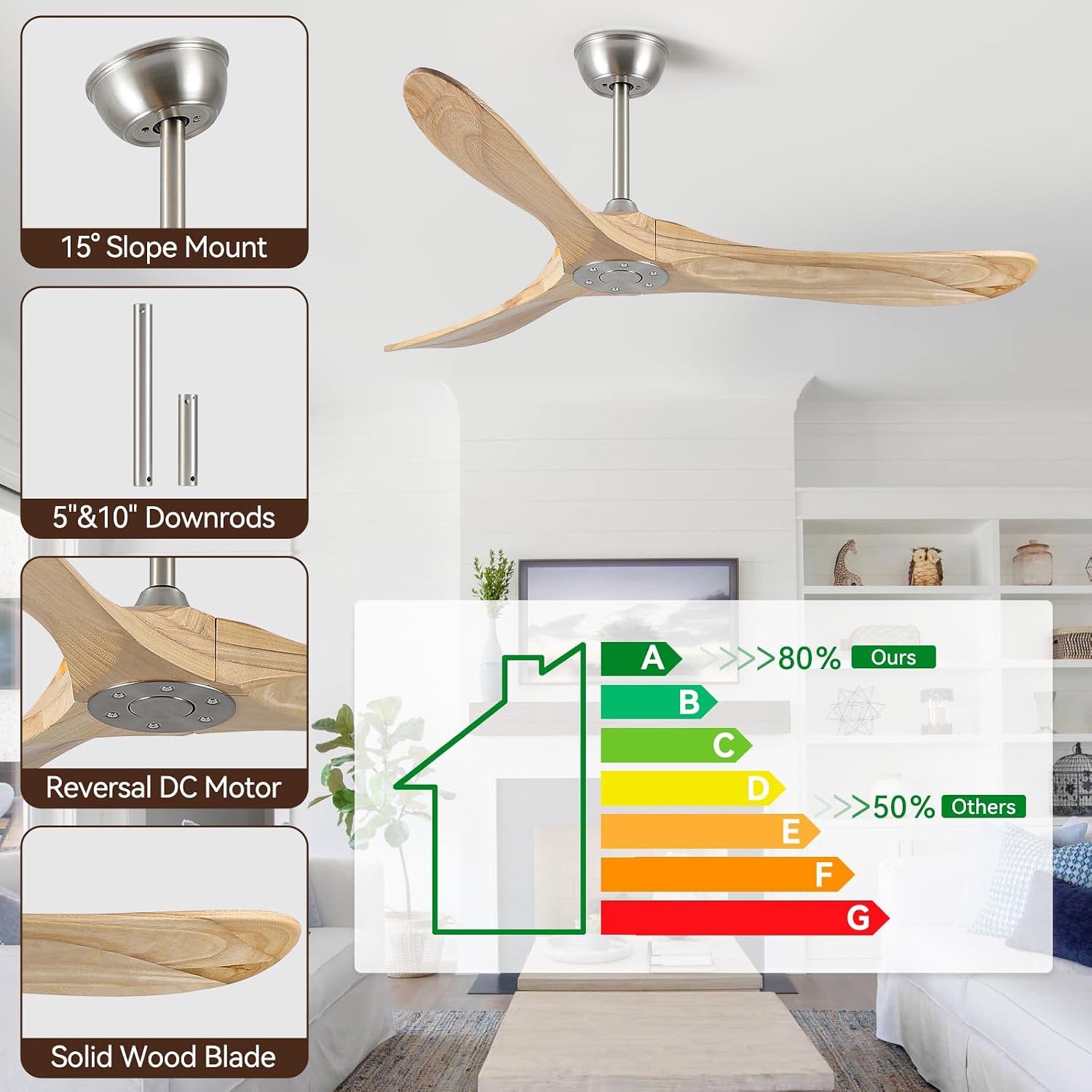 52 Inch Ceiling Fan with Remote Control, Solid Wood, 6-Speed DC Motor, 3 Reversible Natural Wooden Blades, 1/4/8 Hour Timer, Quiet & Energy Efficient for Indoor/Outdoor Use