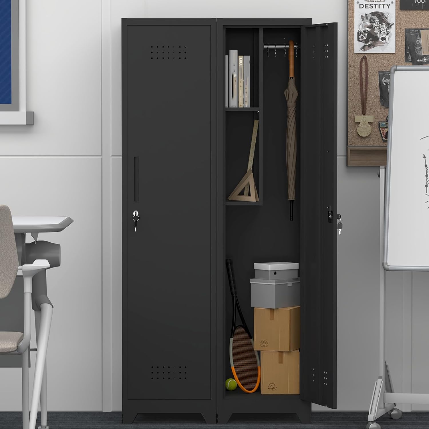 GREATMEET Slim Broom Storage Cabinets, Metal Garage Cabinet with Shelves and Hanging Rod, Black Utility Cabinet with Locking Door, Slim Cabinet for Small Spaces Cleaning Supplies, Shop