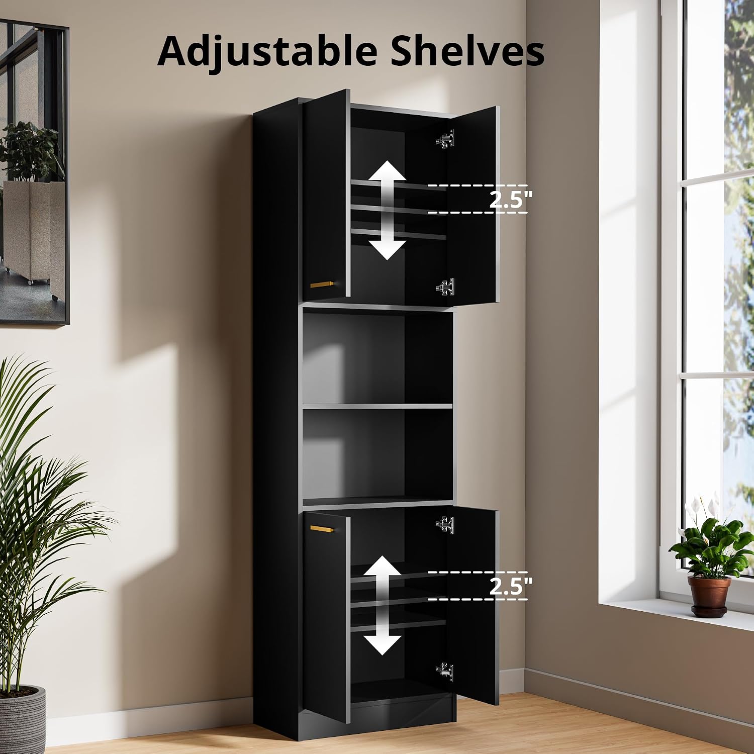 Cozy Castle Kitchen Pantry Cabinet, 75' Tall Wood Storage Cabinet with Doors and Shelves, 4 Doors Open Countertop Utility Hutch Cupboard for Dining Room Living Room Bathroom Furniture, Black
