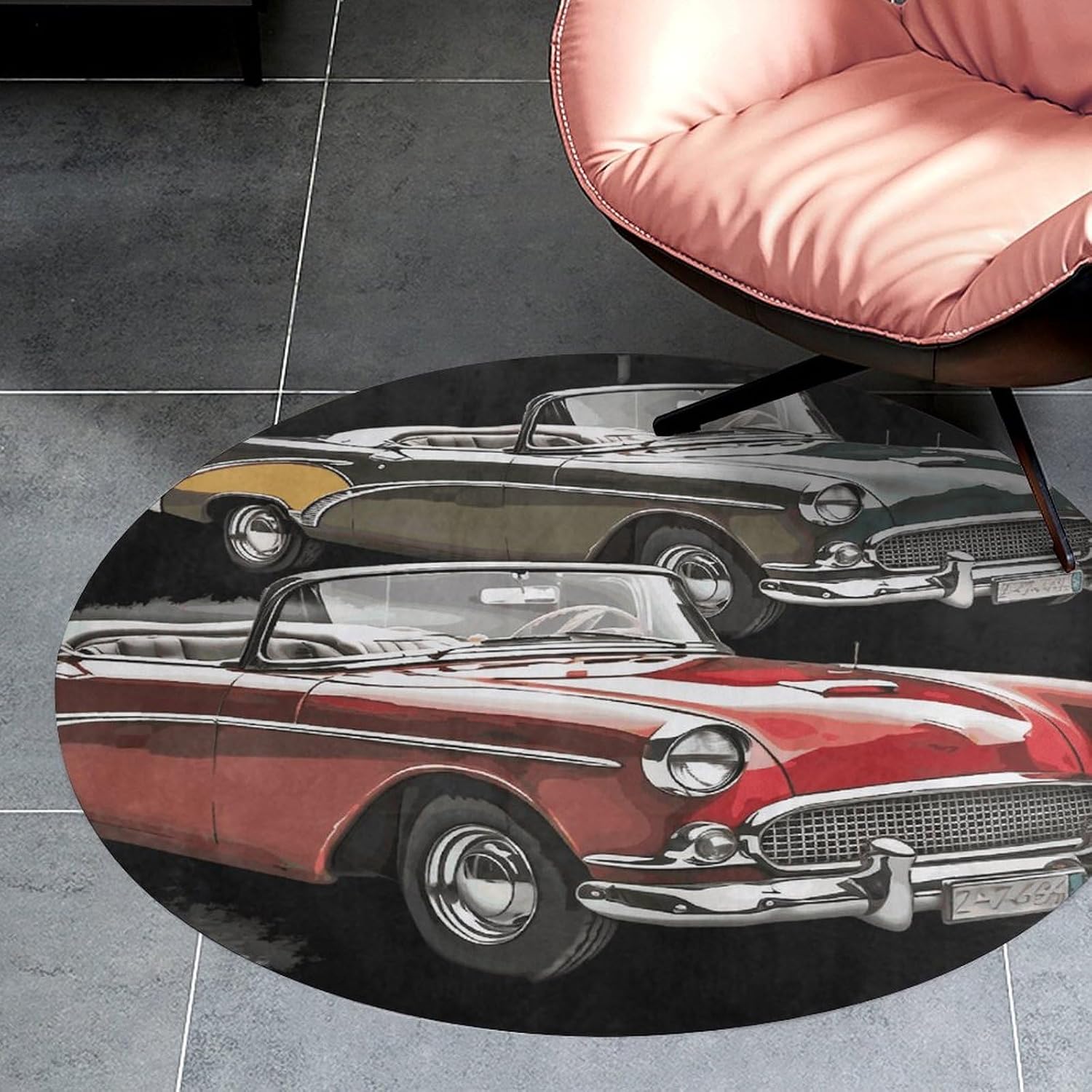 Classic Car Roadsters Old Fashioned Coral Velvet Round Floor Mat Non-Slip Bath Rug Floor Covering for Bathroom Vanity Guest Suite & Vacation Home