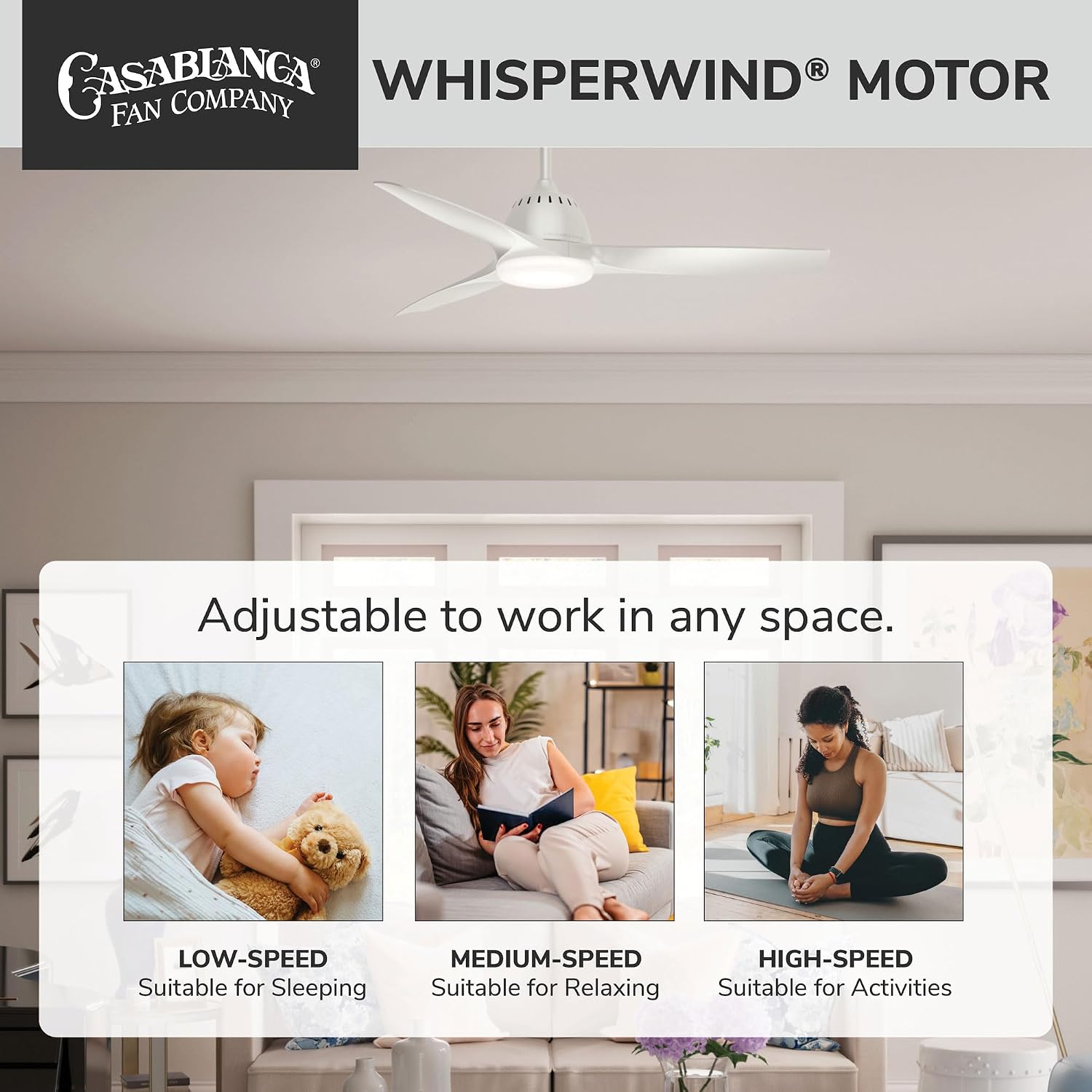 Casablanca 52 inch Indoor Ceiling Fan with LED Light and Remote Control - Standard Mount White Ceiling Fan, 3 Blades, For Bedroom, Living Room, or Kitchen, Quiet - Wisp 59284, Fresh White