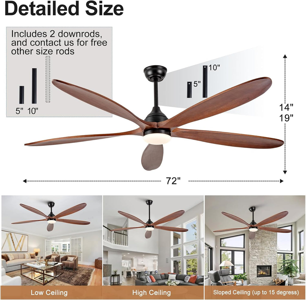 72 Inch Solid Wood Outdoor Ceiling Fans with Lights and Remote,Walnut 5 Blades,Dimmable,6 Speed Quiet DC Motor, Indoor Outdoor Ceiling Fan for Patios Bedroom Living Room