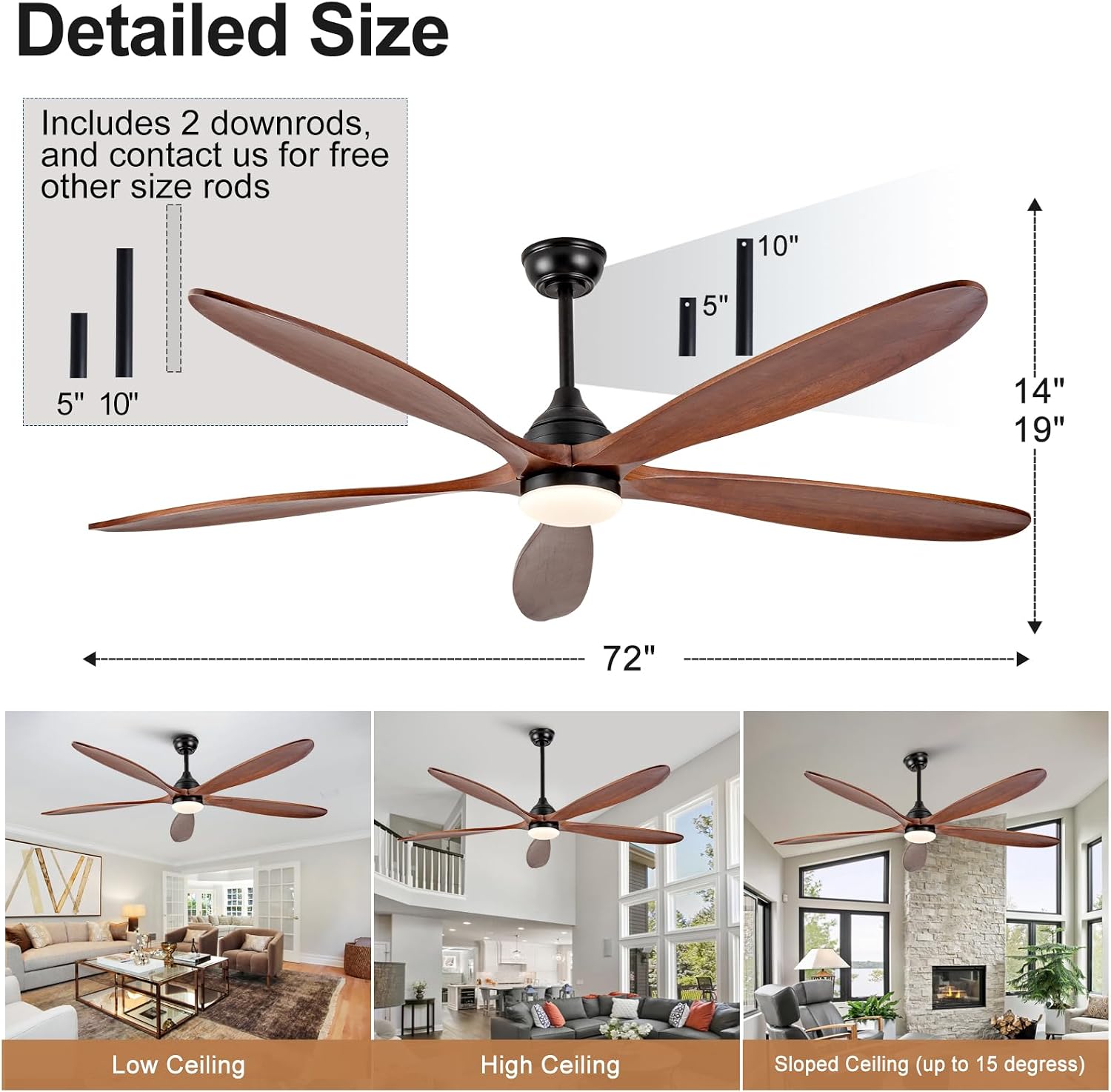 72 Inch Solid Wood Outdoor Ceiling Fans with Lights and Remote,Walnut 5 Blades,Dimmable,6 Speed Quiet DC Motor, Indoor Outdoor Ceiling Fan for Patios Bedroom Living Room