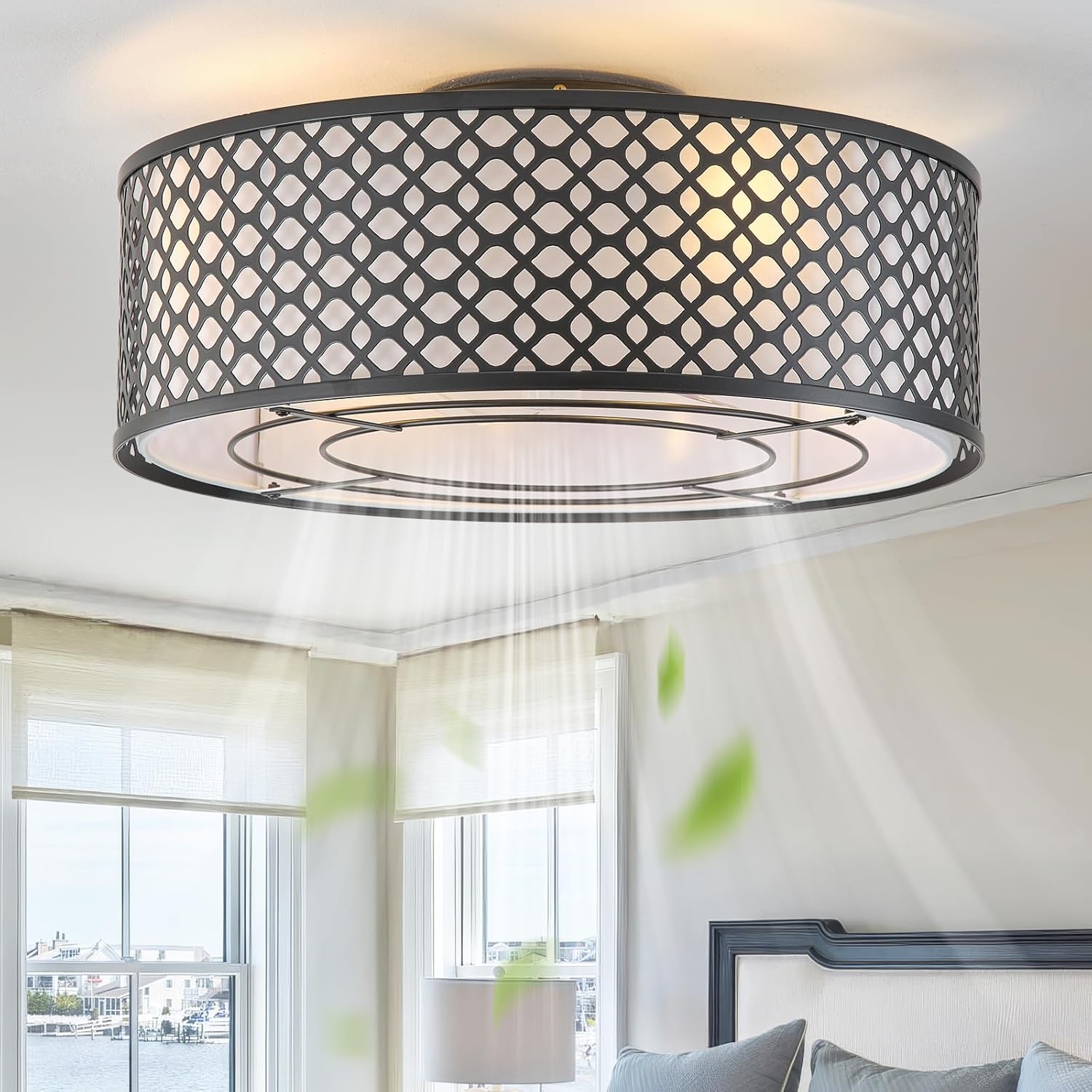 20' Black Ceiling Fan with Light Flush Mount, Caged Boho Ceiling Fans with Lights Remote Control, Round with 6 Speeds for Bedroom, Nursery, Living Room