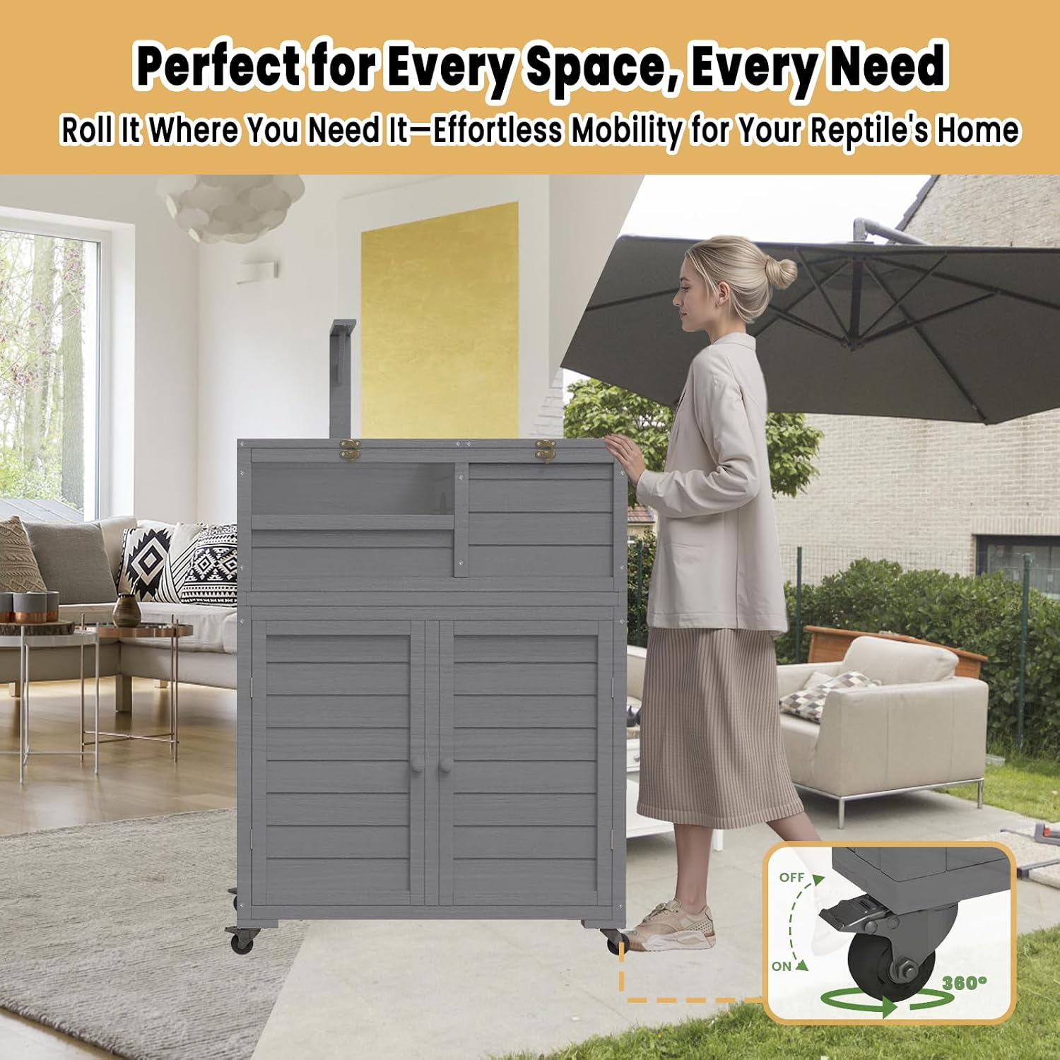 Wooden Tortoise Habitat with Storage and Wheels, Large Turtle Enclosure Cage with Lamp Holder & Easy-Clean Tray, Tortoise Enclosure Indoor & Outdoor, Reptile Enclosure with for Gecko, Lizard, Snake
